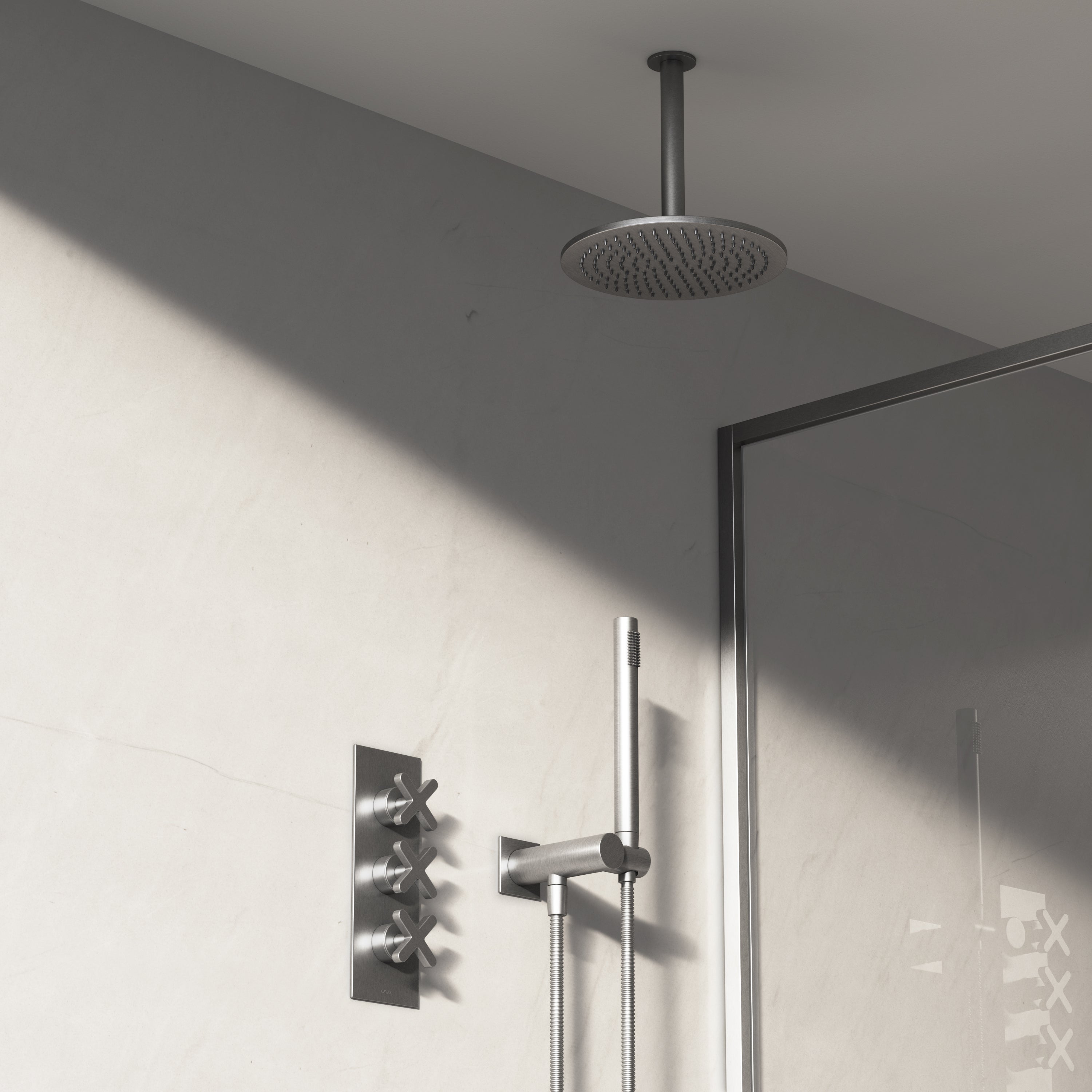 Image of Axiom 2-Way Thermostatic Shower Set – Ceiling Mounted Overhead & Square Hand Shower