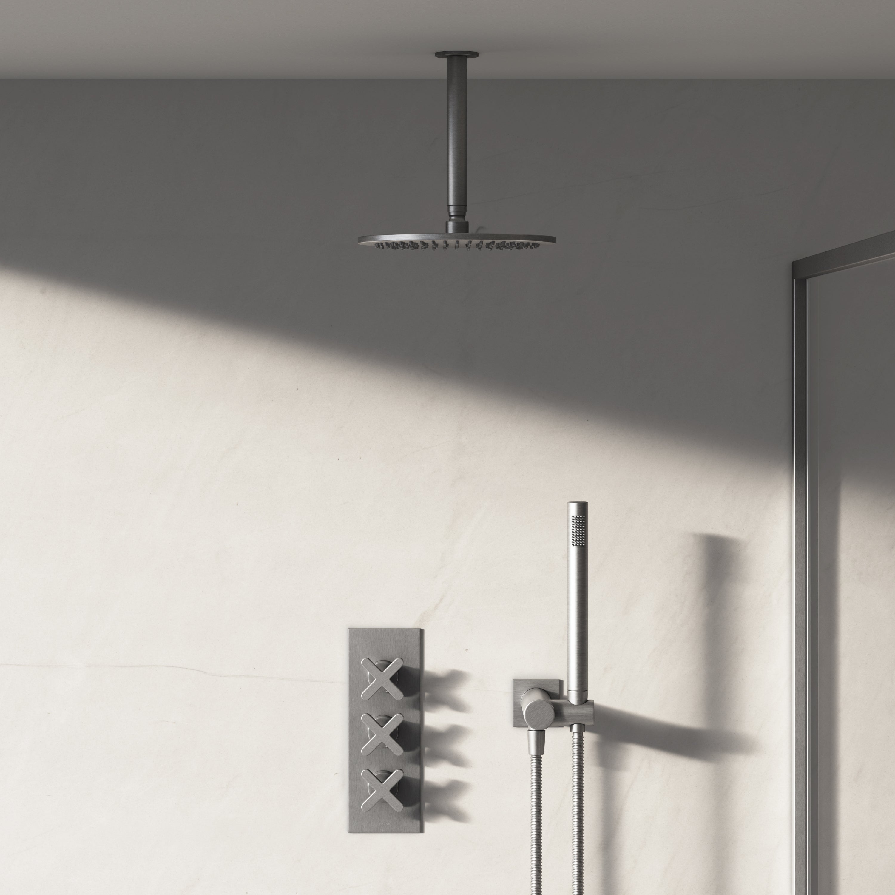 Image of Axiom 2-Way Thermostatic Shower Set – Ceiling Mounted Overhead & Square Hand Shower
