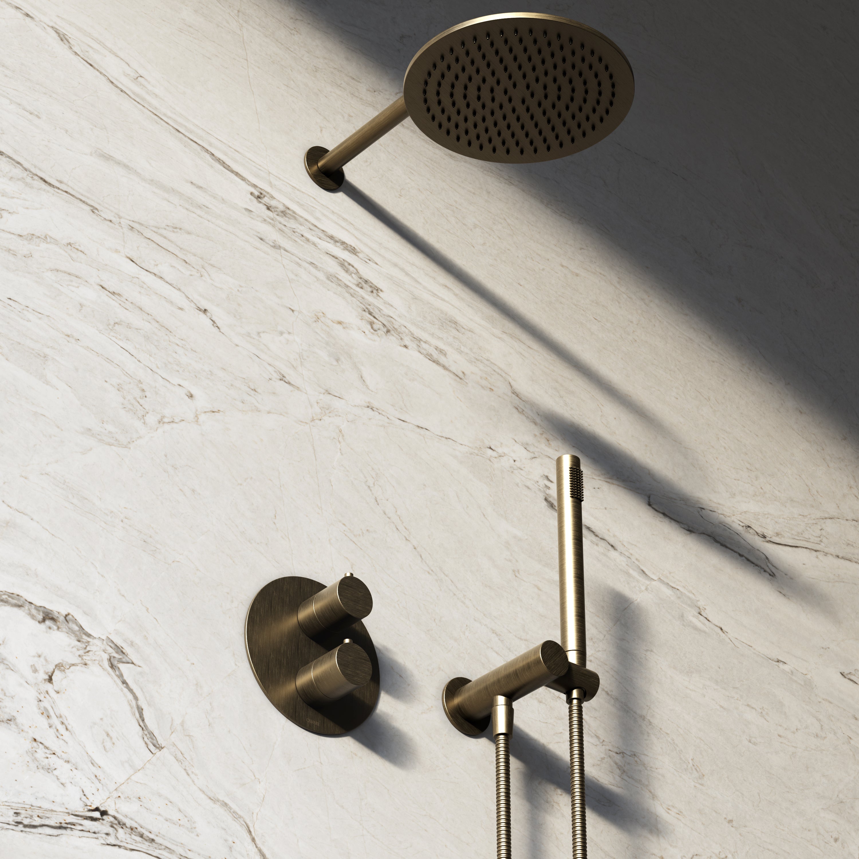 Image of Origin 3-Way Thermostatic Shower Set – Overhead, Angled Hand Shower & Short Spout