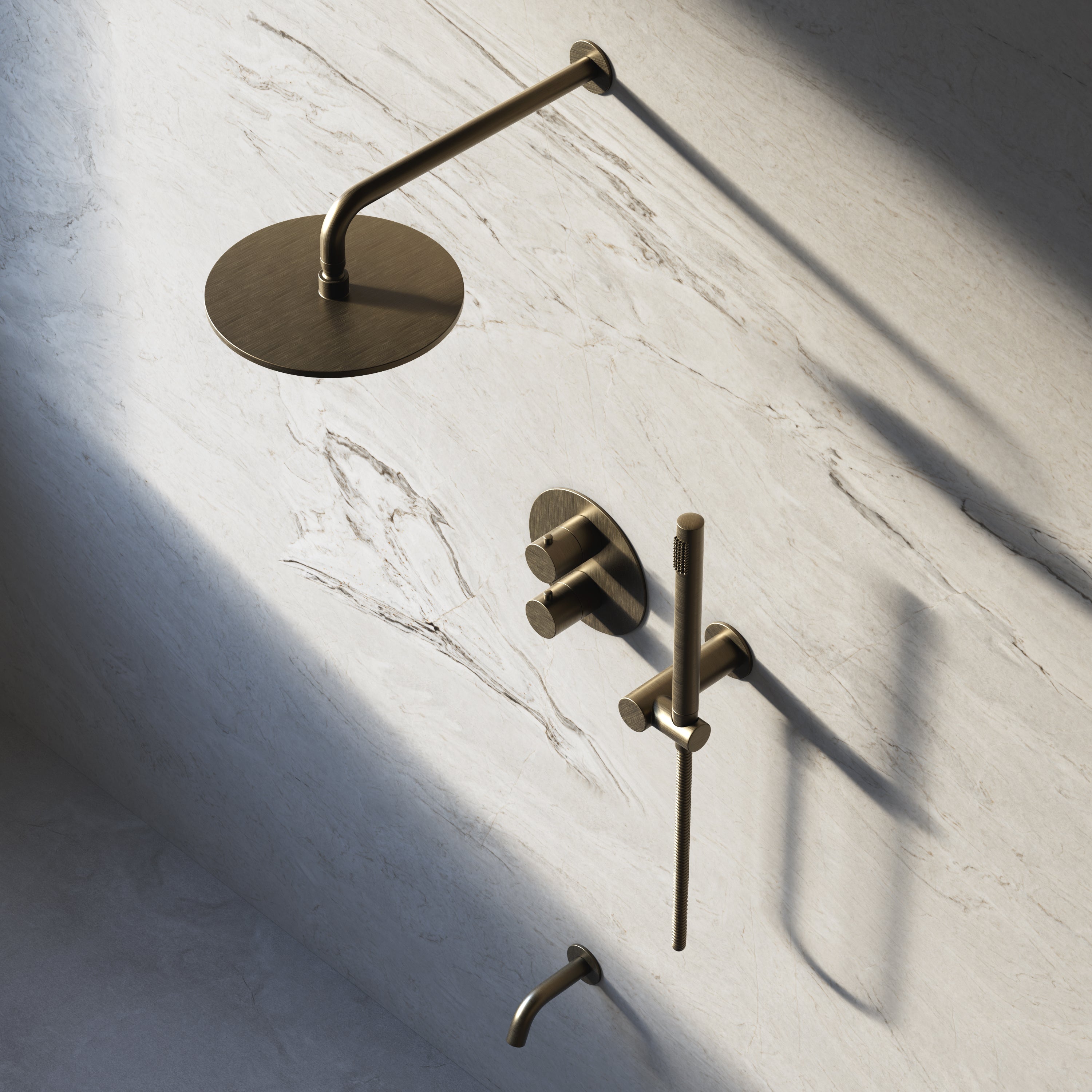Image of Origin 3-Way Thermostatic Shower Set – Overhead, Angled Hand Shower & Short Spout