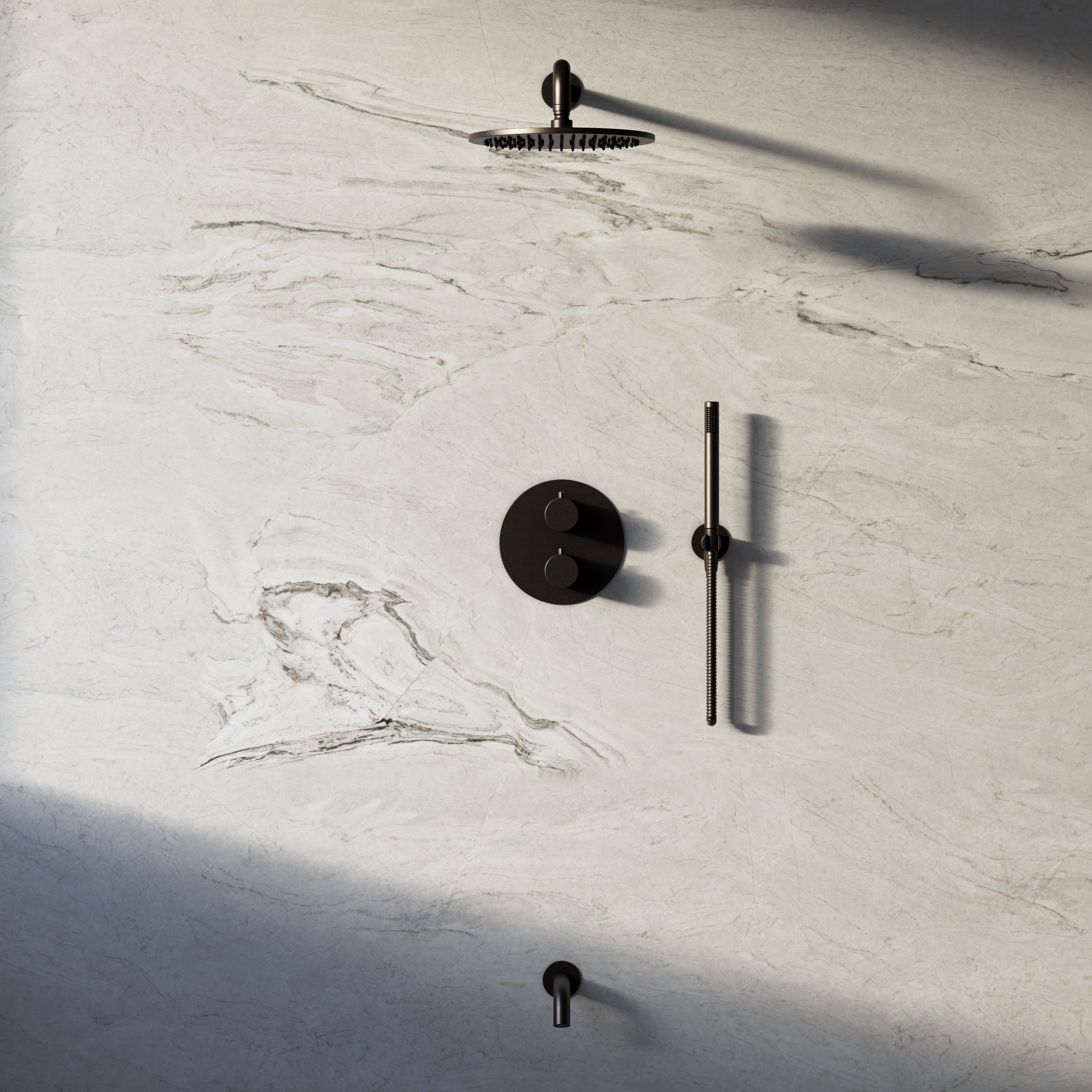 Image of Origin 3-Way Thermostatic Shower Set – Overhead, Straight Hand Shower & Short Spout