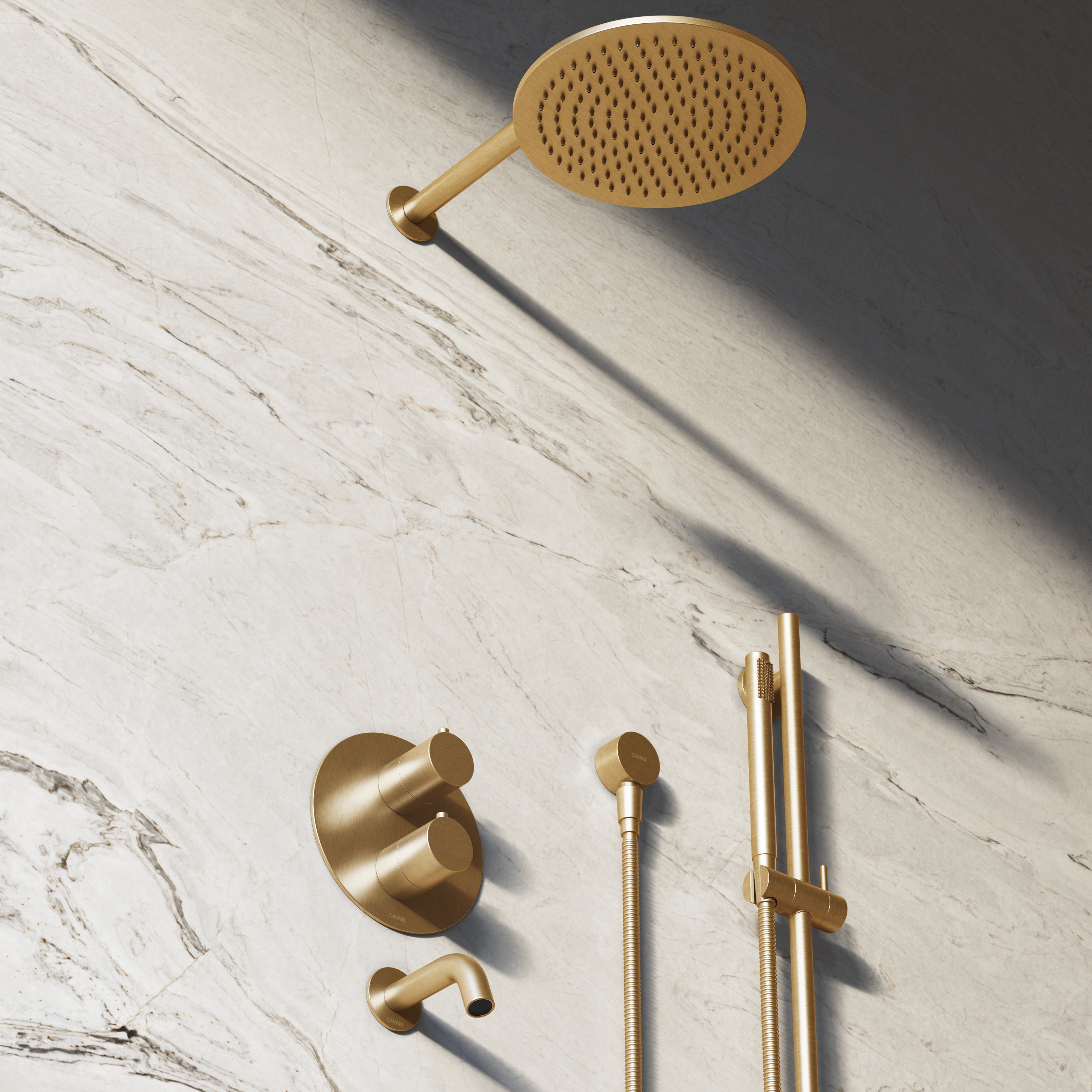 Image of Origin 3-Way Thermostatic Shower Set – Overhead, Slide Rail Hand Shower & Short Spout