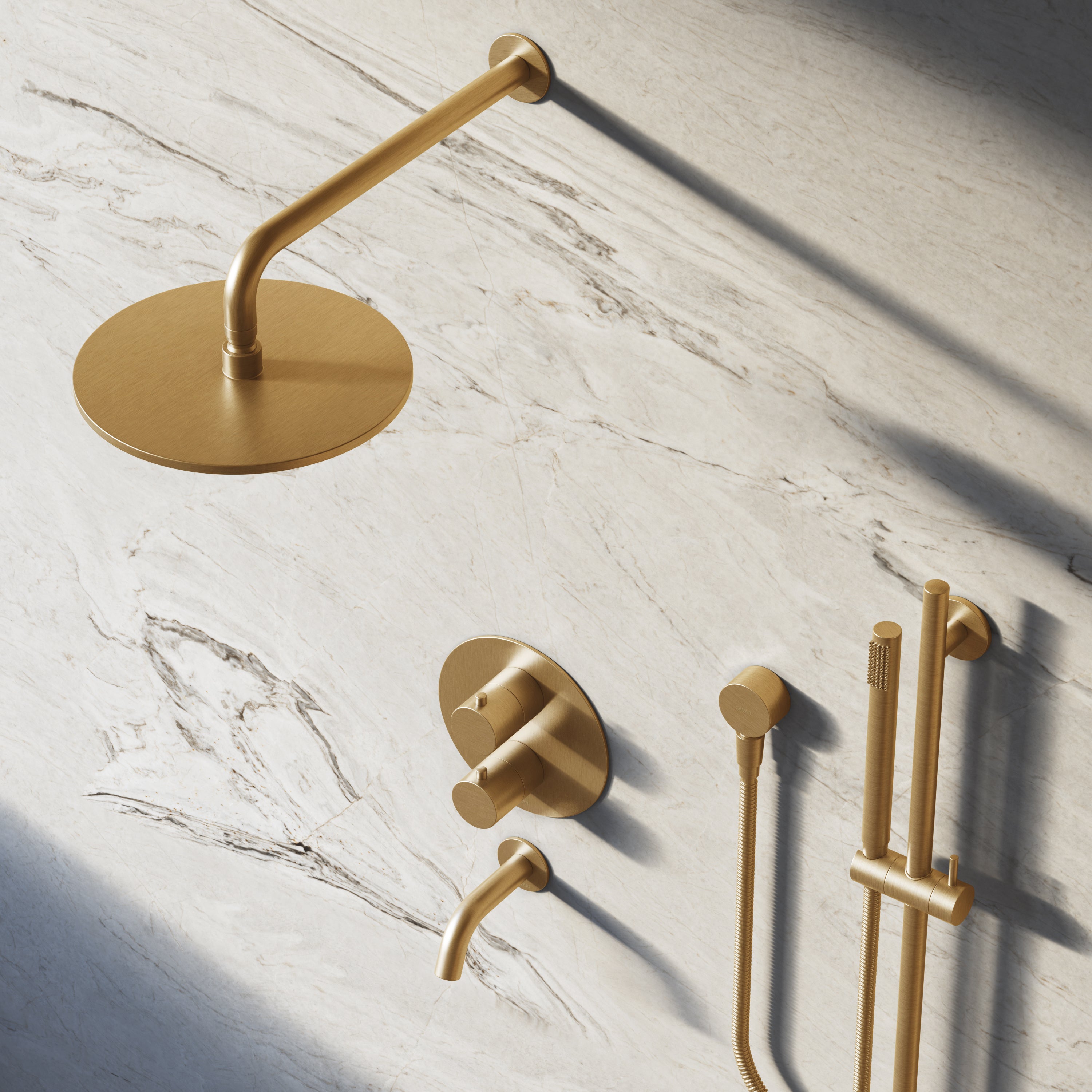 Image of Origin 3-Way Thermostatic Shower Set – Overhead, Slide Rail Hand Shower & Short Spout