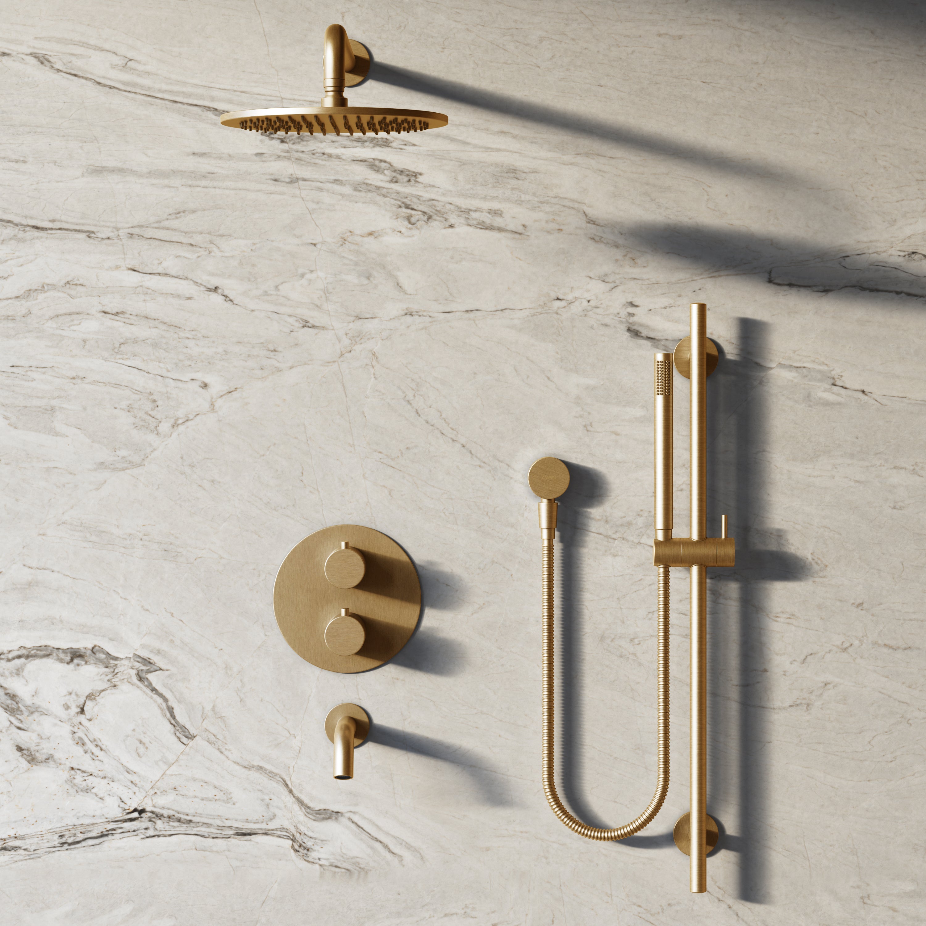 Image of Origin 3-Way Thermostatic Shower Set – Overhead, Slide Rail Hand Shower & Short Spout