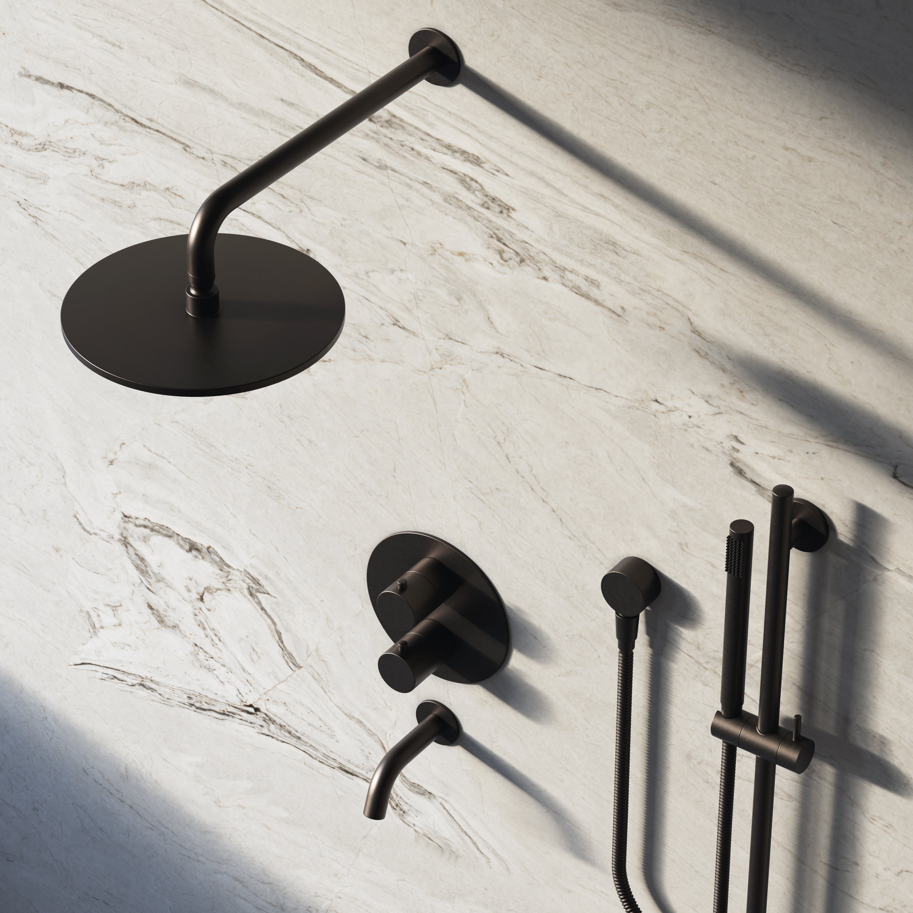 Image of Origin 3-Way Thermostatic Shower Set – Overhead, Slide Rail Hand Shower & Short Spout