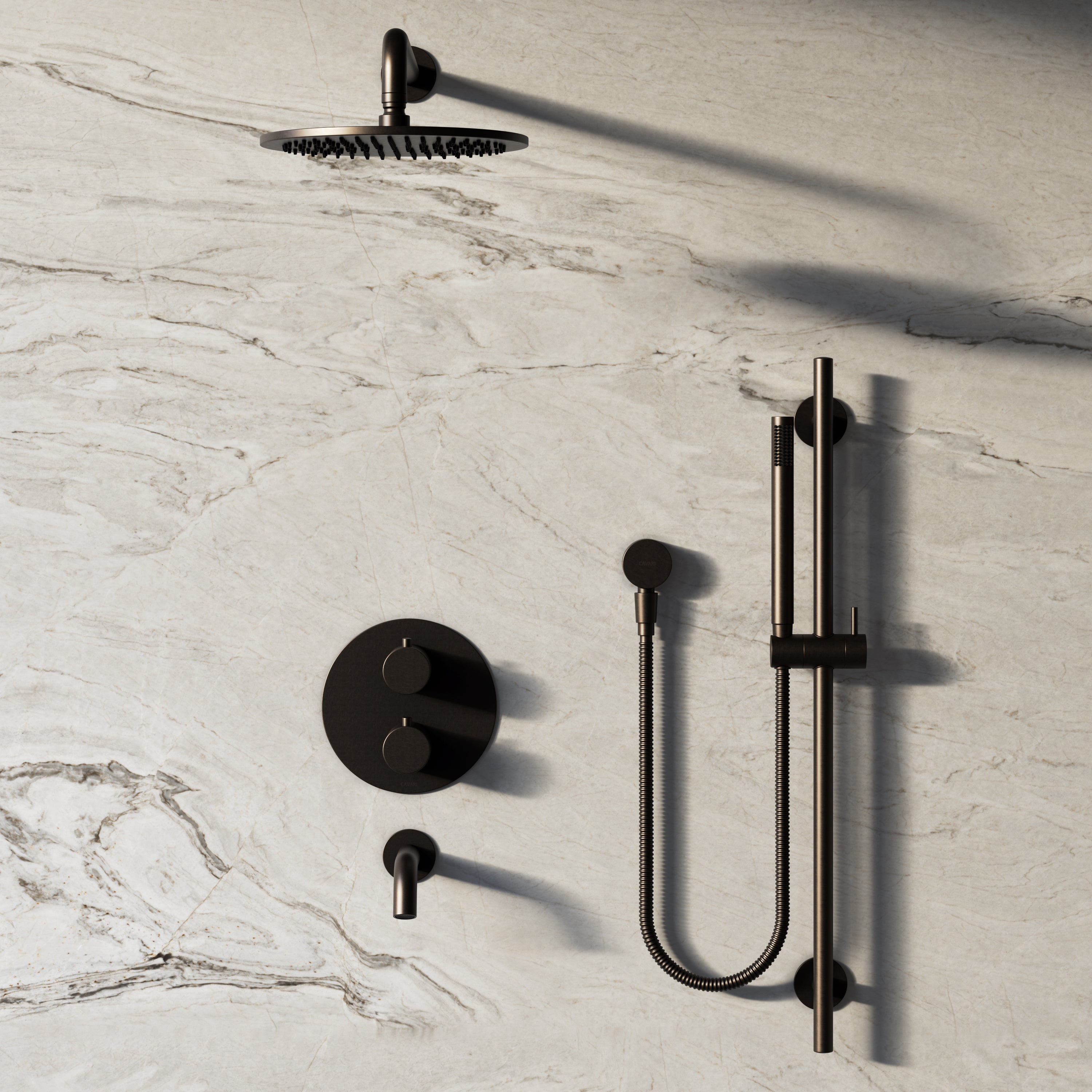 Image of Origin 3-Way Thermostatic Shower Set – Overhead, Slide Rail Hand Shower & Short Spout
