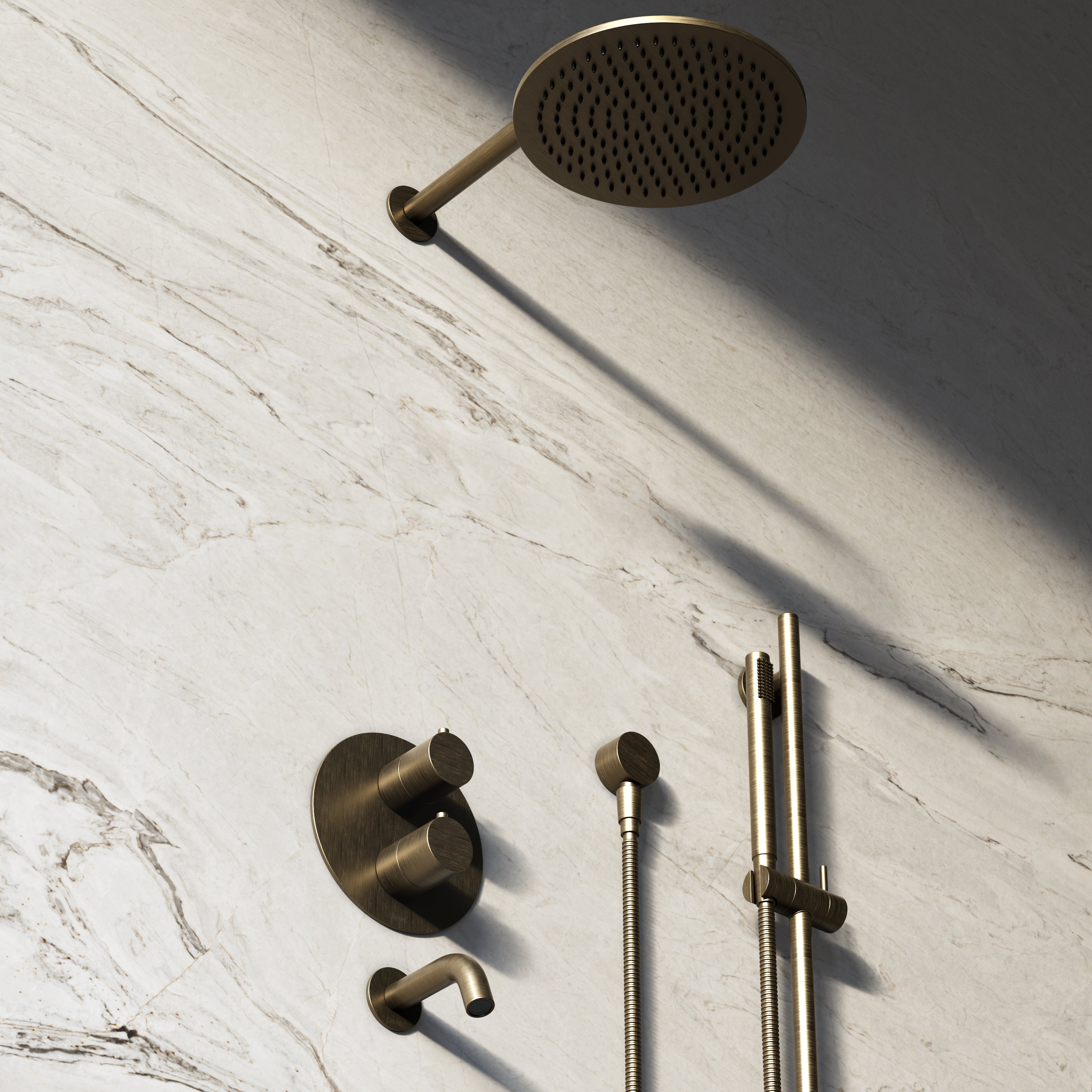Image of Origin 3-Way Thermostatic Shower Set – Overhead, Slide Rail Hand Shower & Short Spout