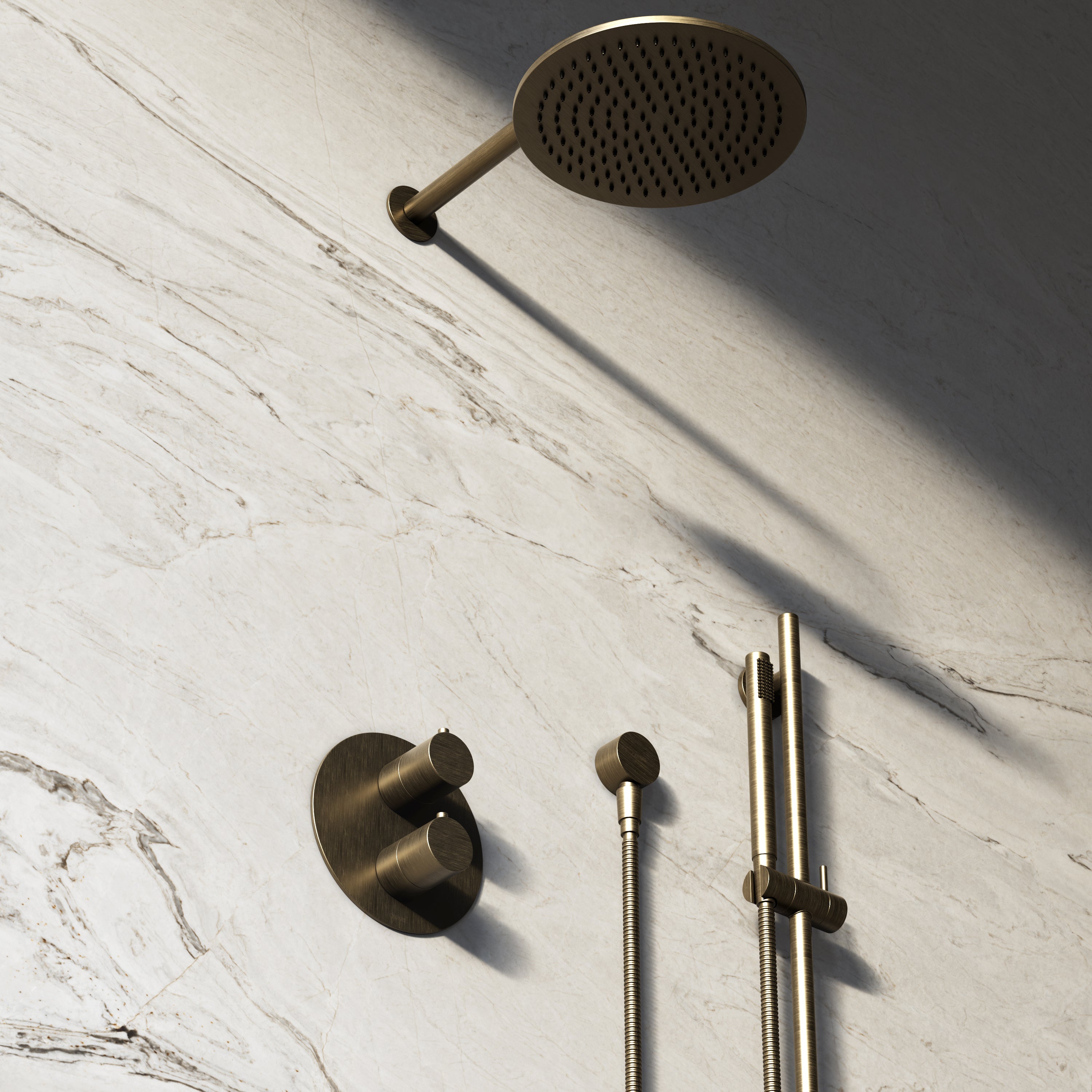 Image of Origin 3-Way Thermostatic Shower Set – Overhead, Slide Rail Hand Shower & Short Spout