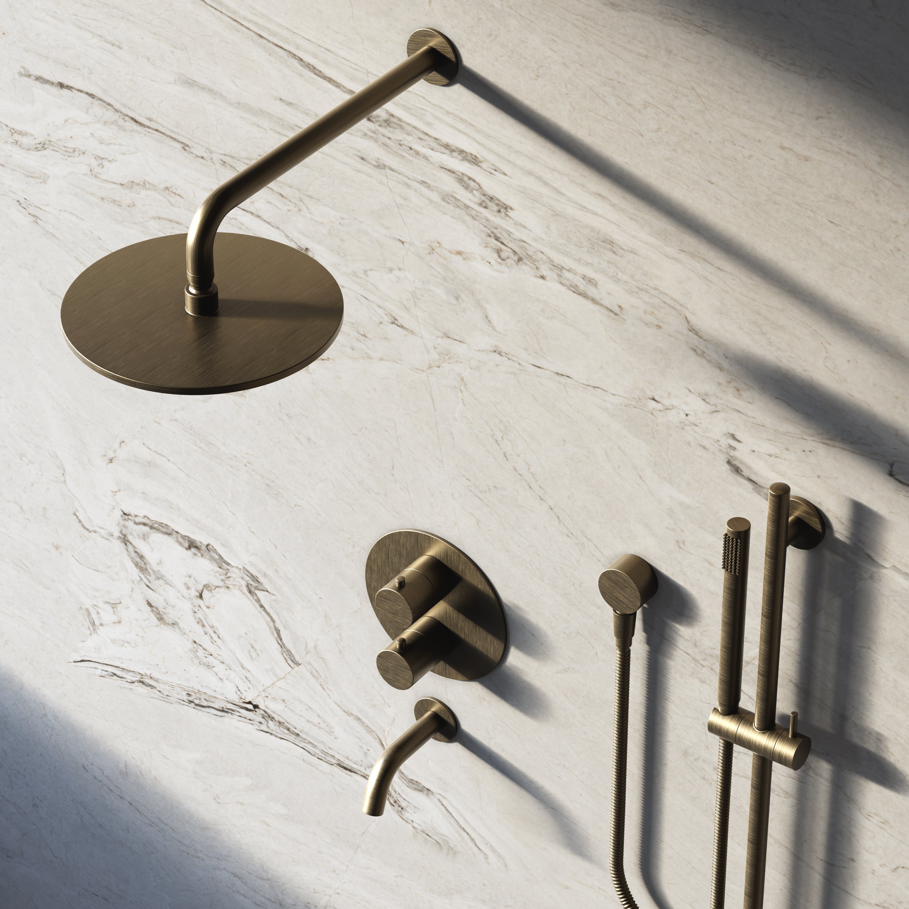 Image of Origin 3-Way Thermostatic Shower Set – Overhead, Slide Rail Hand Shower & Short Spout