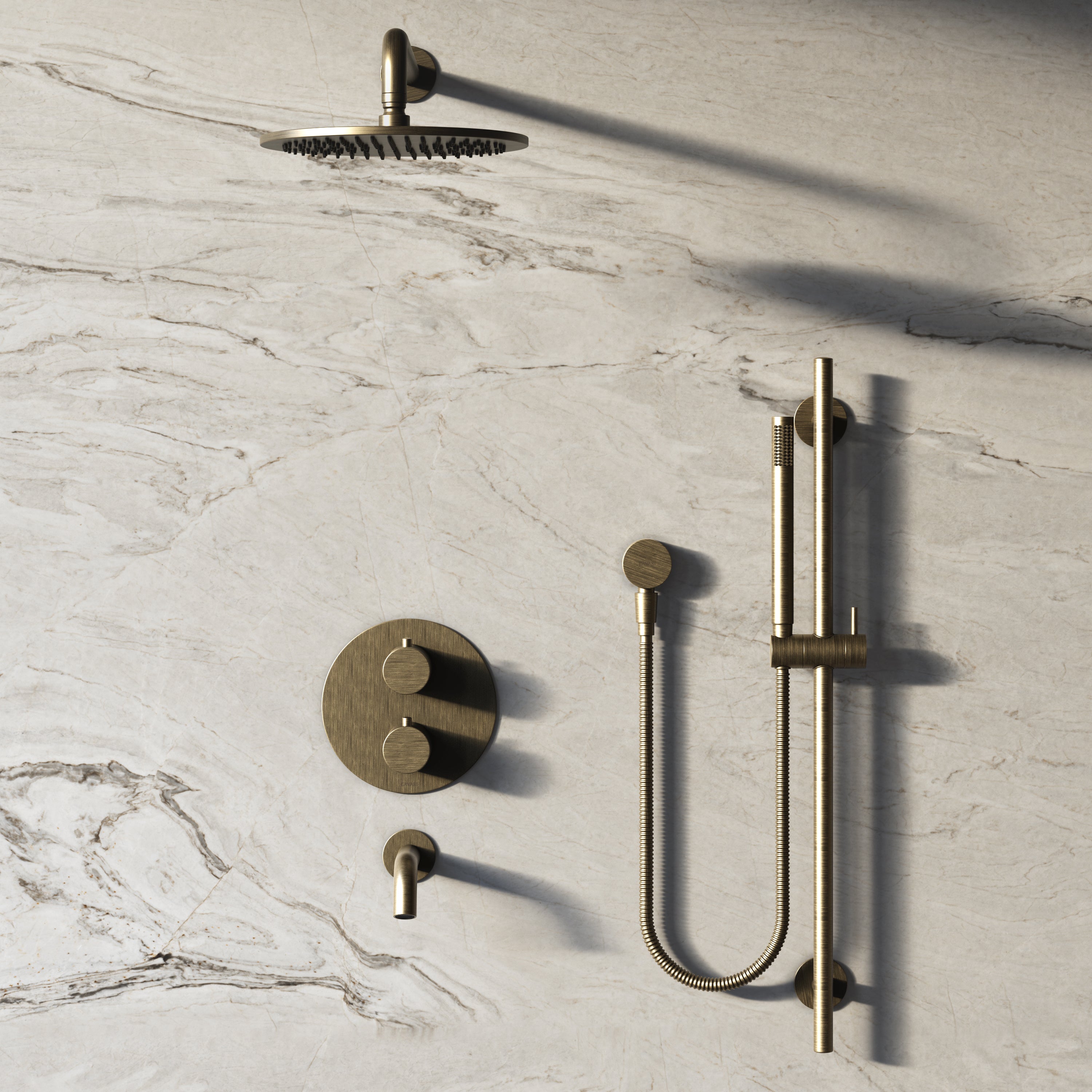 Image of Origin 3-Way Thermostatic Shower Set – Overhead, Slide Rail Hand Shower & Short Spout