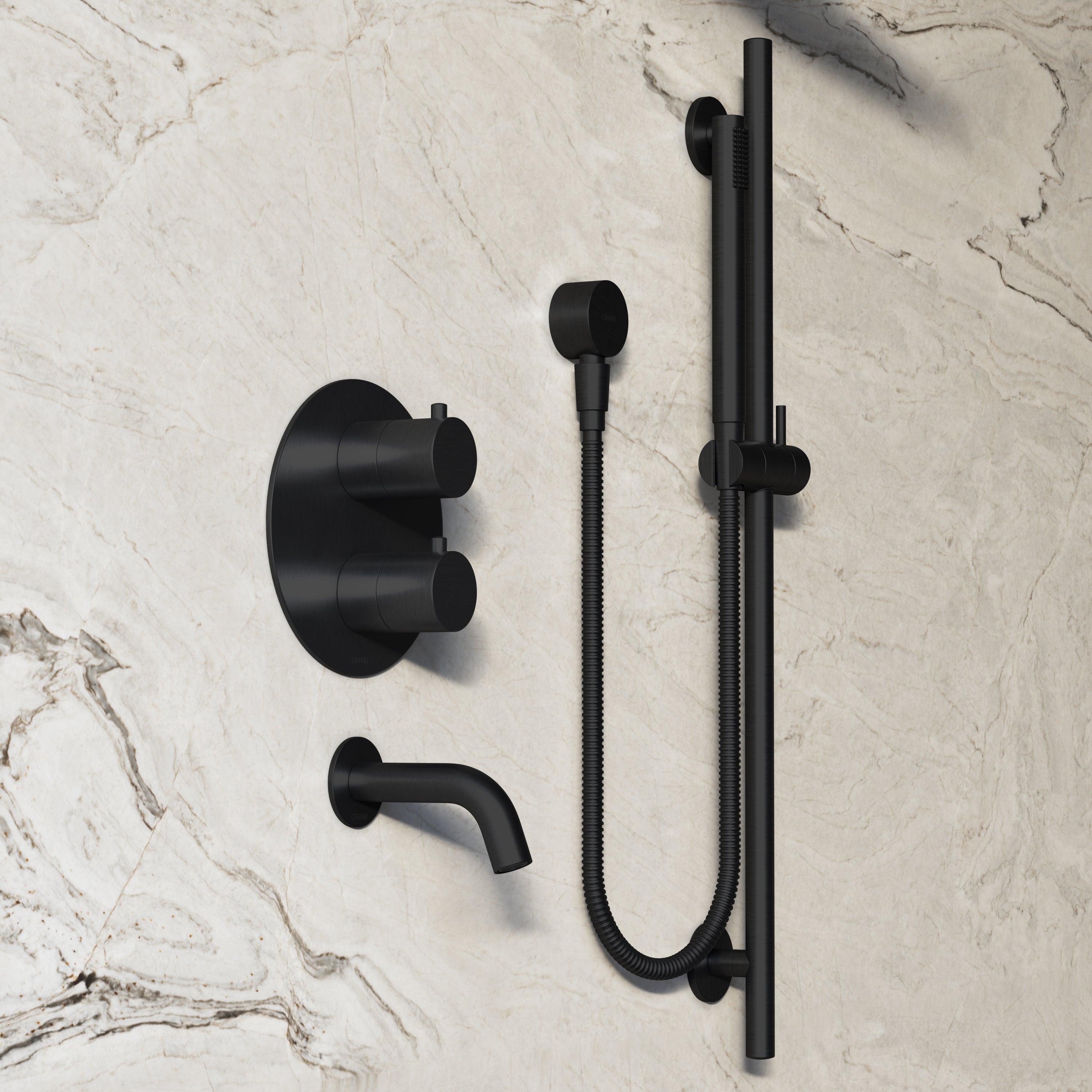 Image of Origin 3-Way Thermostatic Shower Set – Overhead, Slide Rail Hand Shower & Short Spout