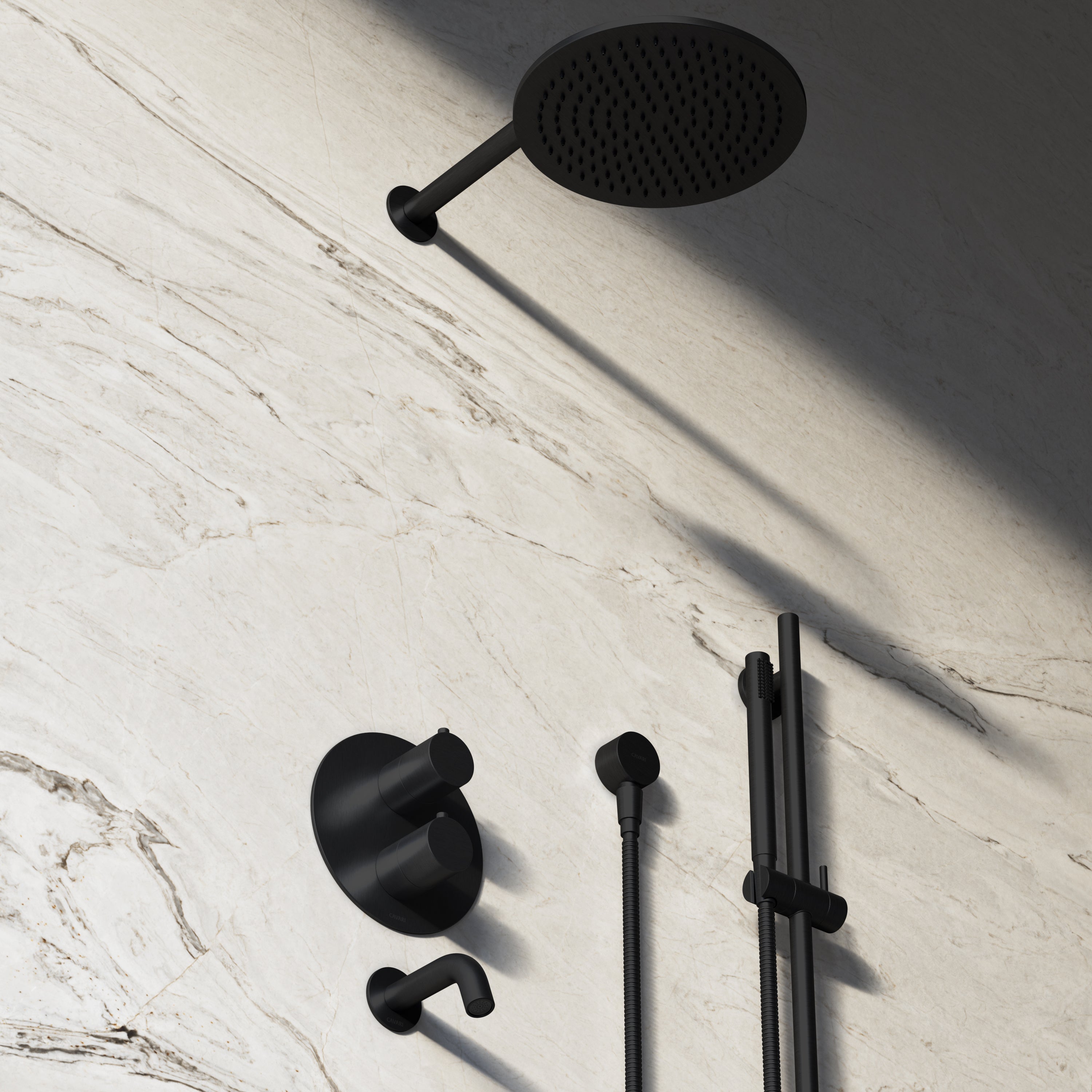 Image of Origin 3-Way Thermostatic Shower Set – Overhead, Slide Rail Hand Shower & Short Spout