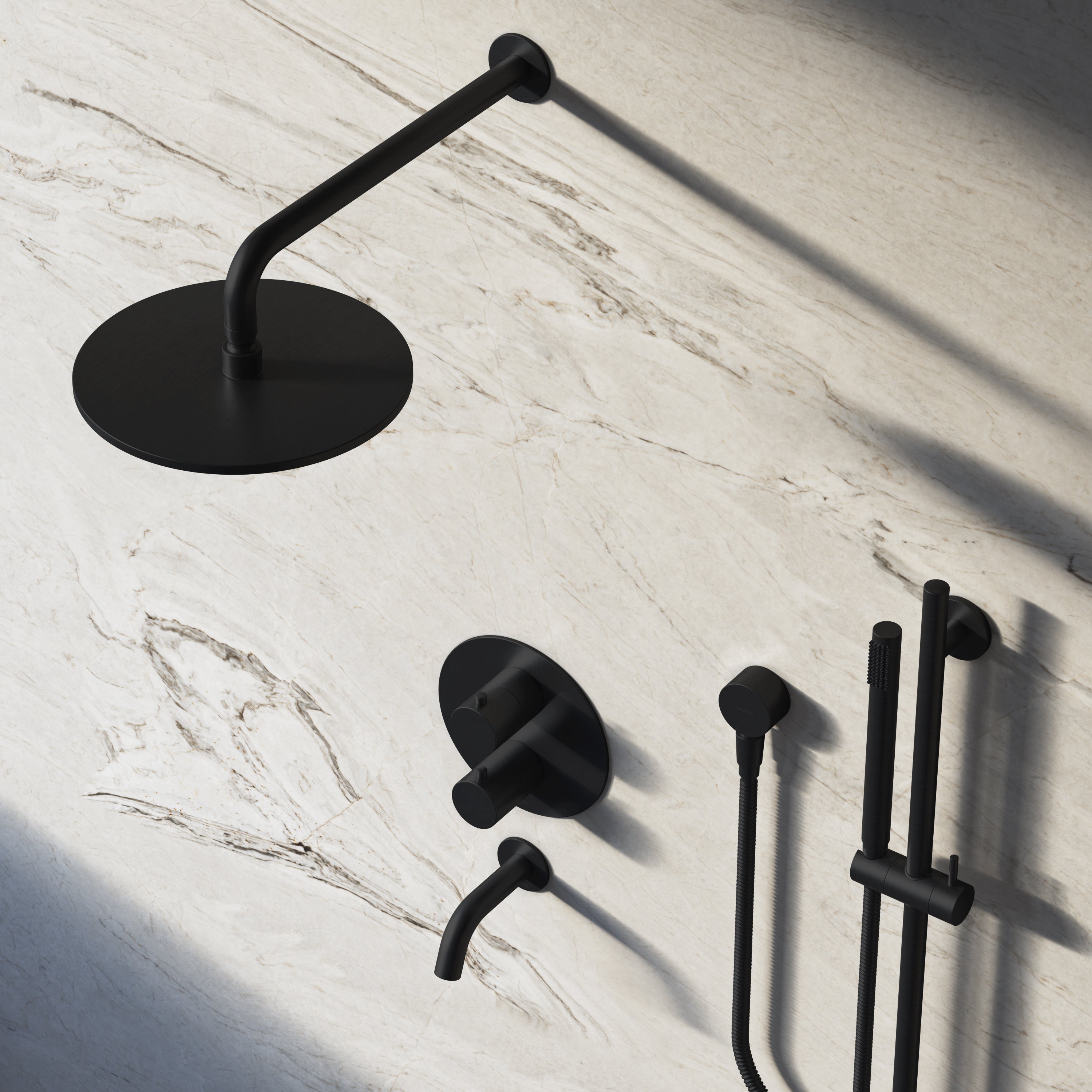Image of Origin 3-Way Thermostatic Shower Set – Overhead, Slide Rail Hand Shower & Short Spout