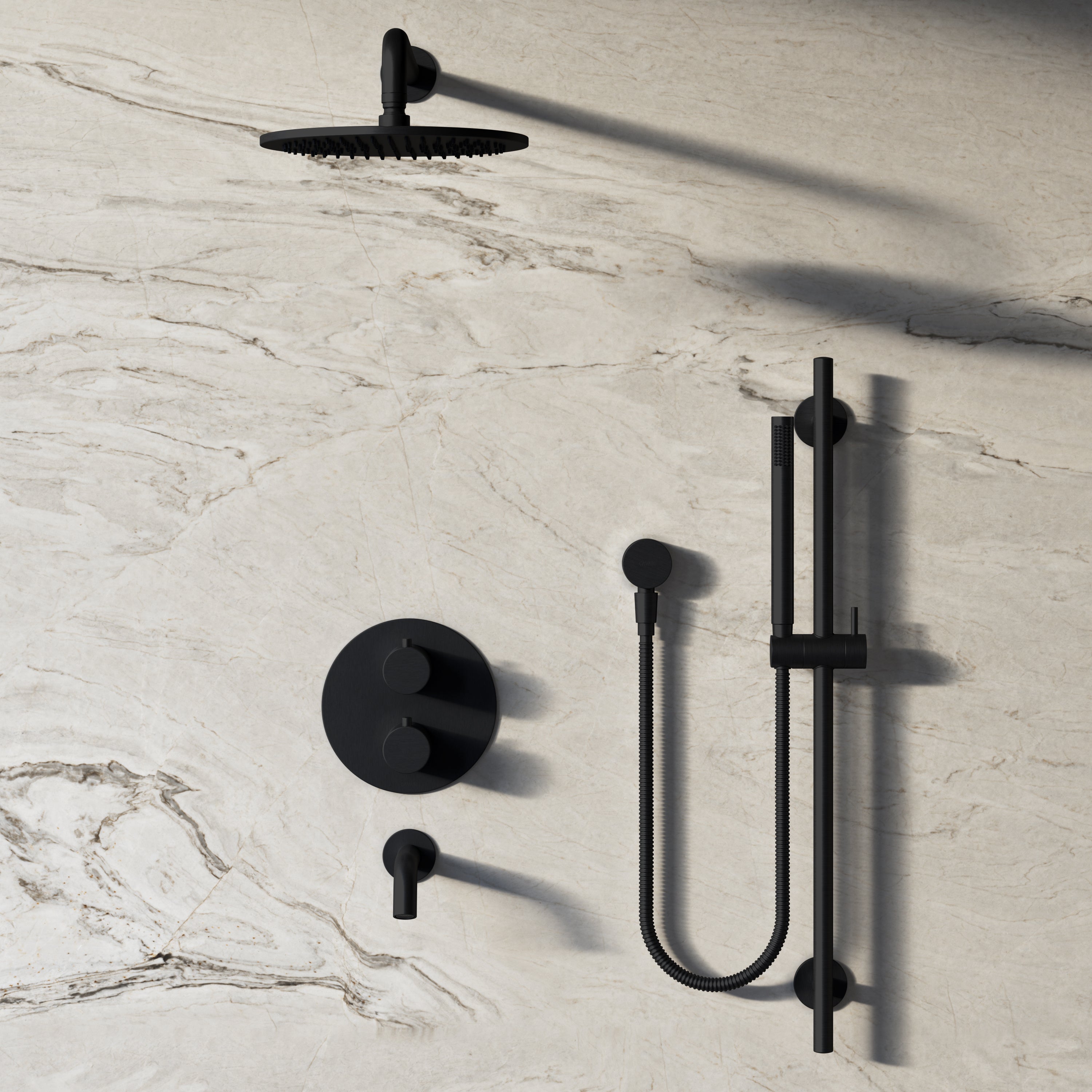 Image of Origin 3-Way Thermostatic Shower Set – Overhead, Slide Rail Hand Shower & Short Spout