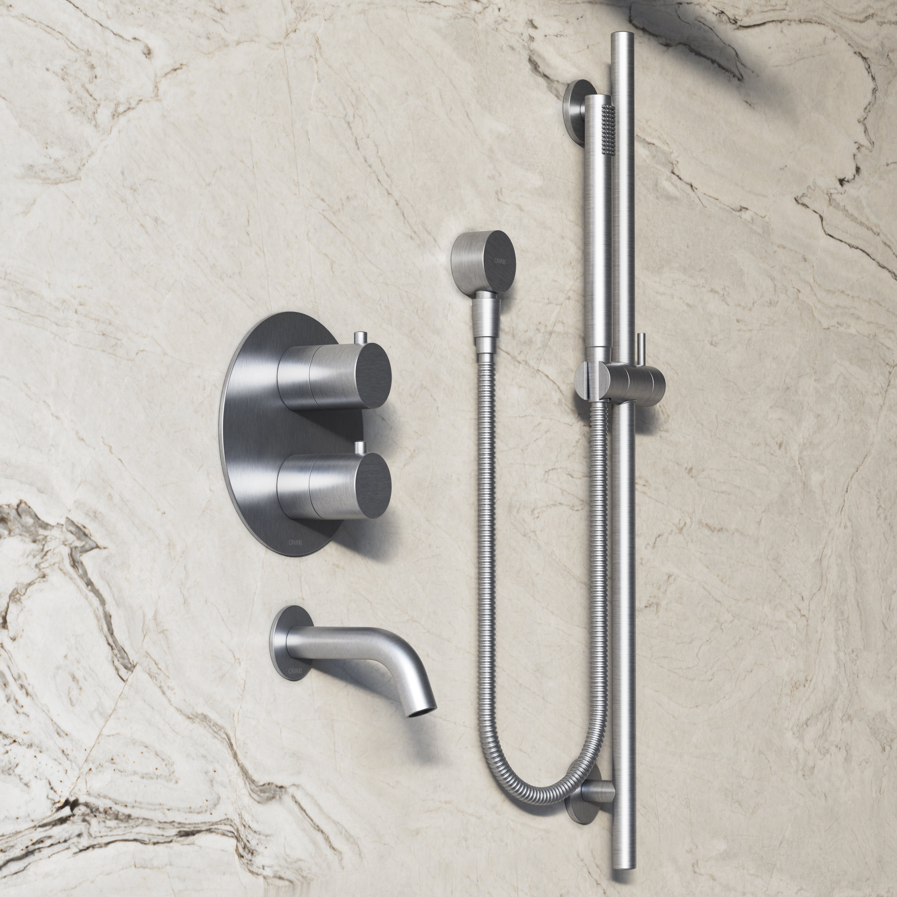 Image of Origin 3-Way Thermostatic Shower Set – Overhead, Slide Rail Hand Shower & Short Spout