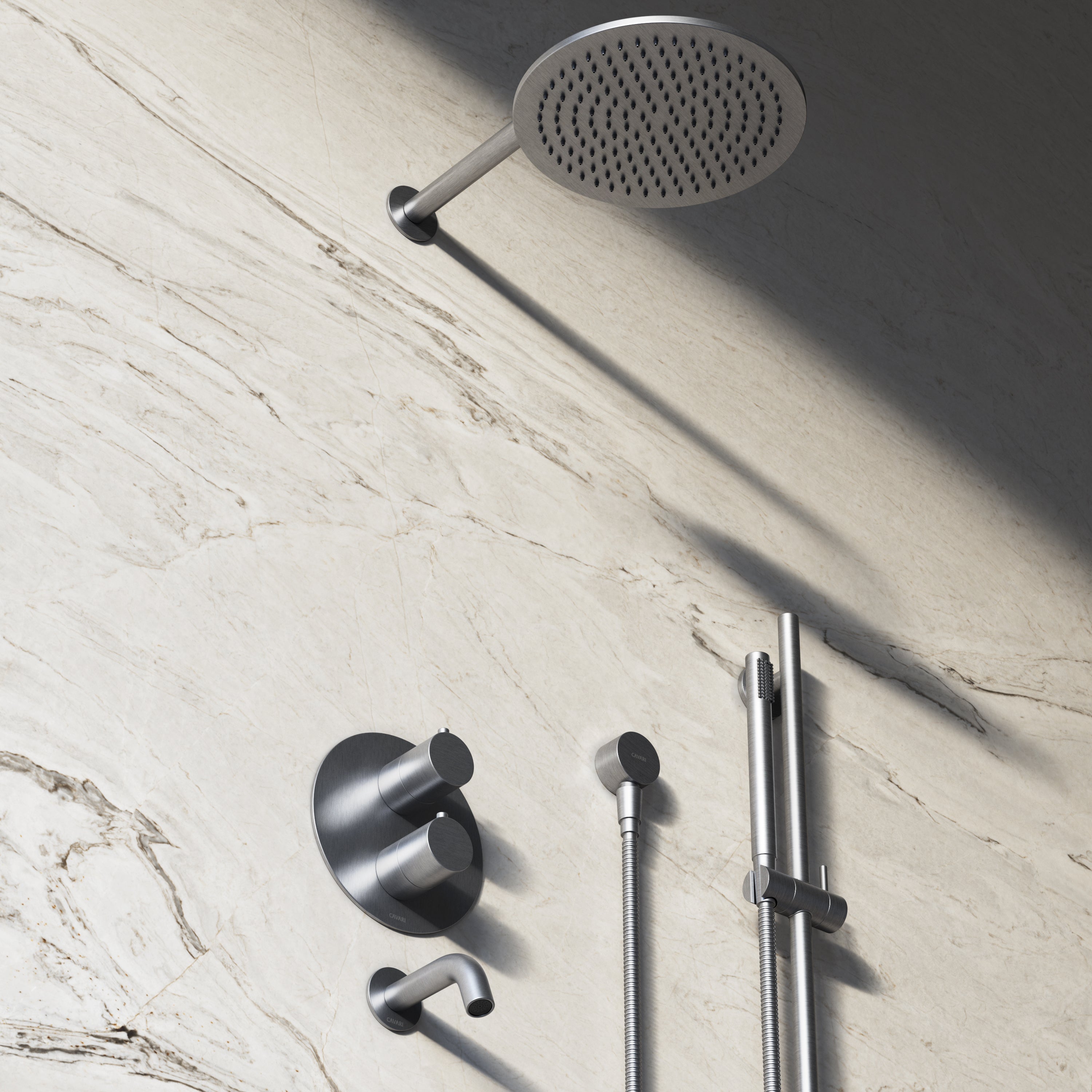Image of Origin 3-Way Thermostatic Shower Set – Overhead, Slide Rail Hand Shower & Short Spout