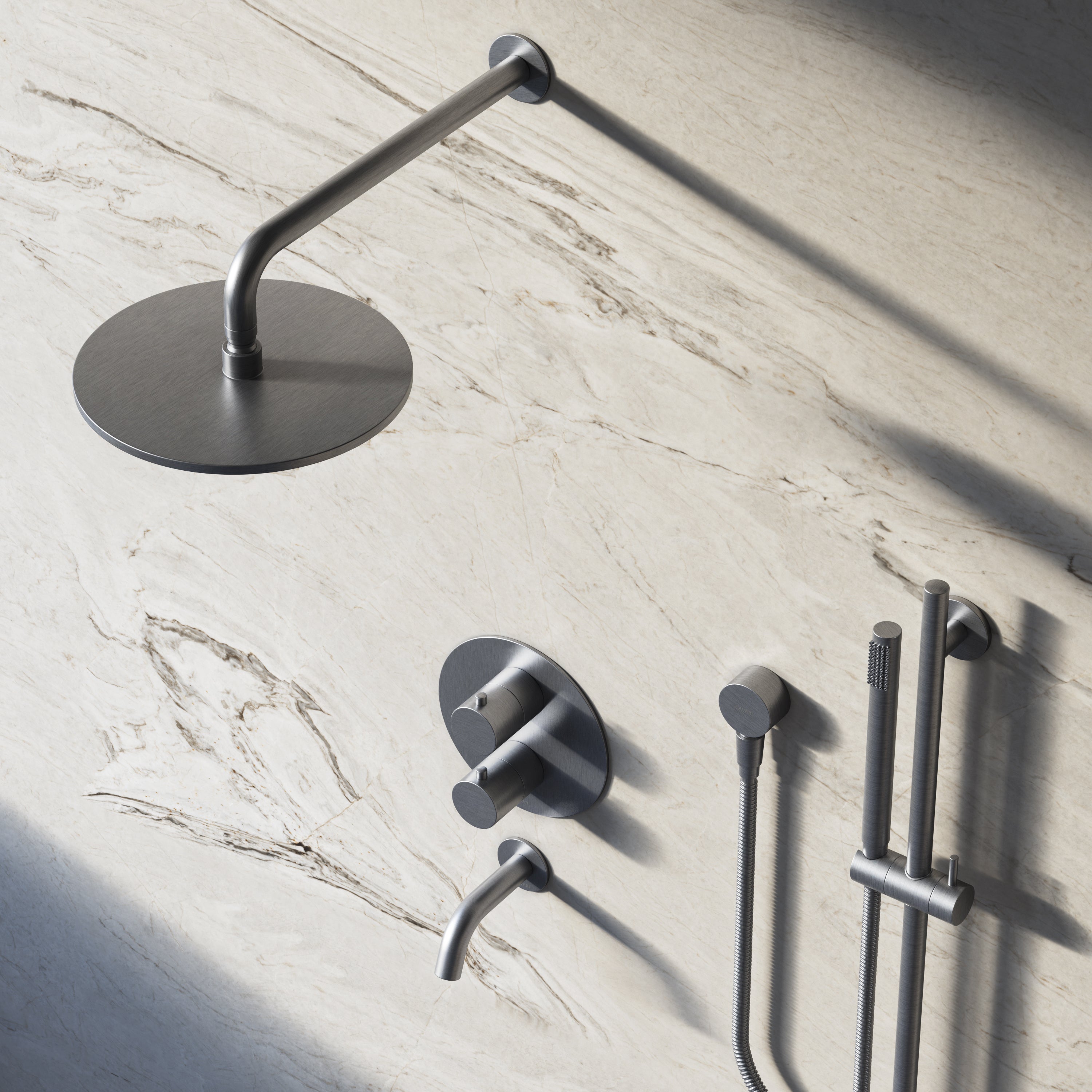 Image of Origin 3-Way Thermostatic Shower Set – Overhead, Slide Rail Hand Shower & Short Spout