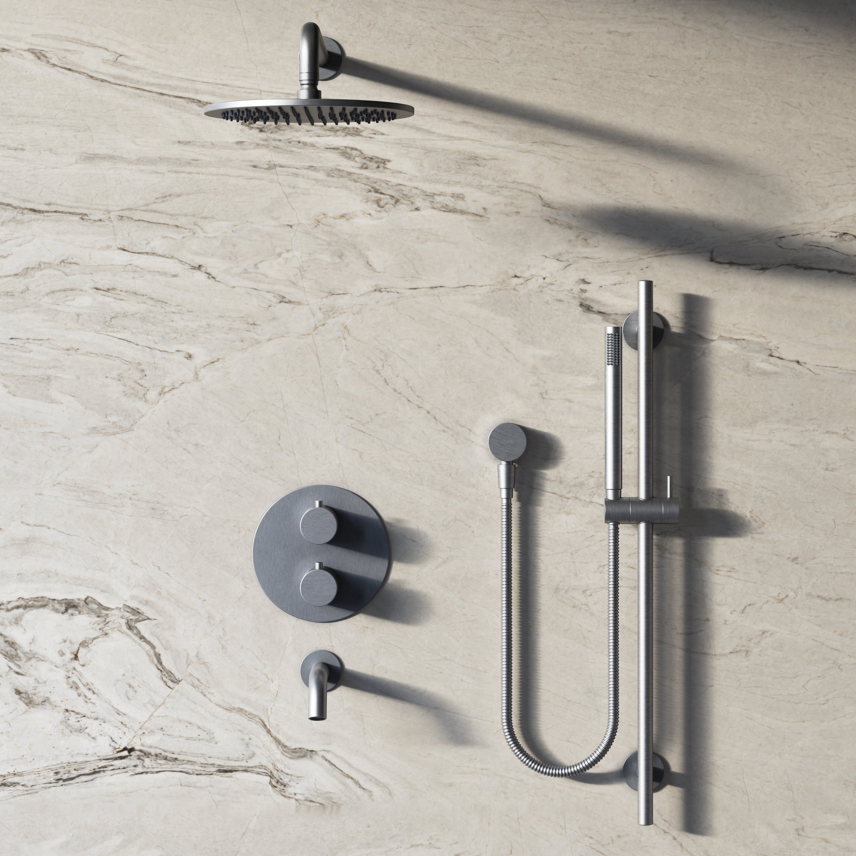 Image of Origin 3-Way Thermostatic Shower Set – Overhead, Slide Rail Hand Shower & Short Spout