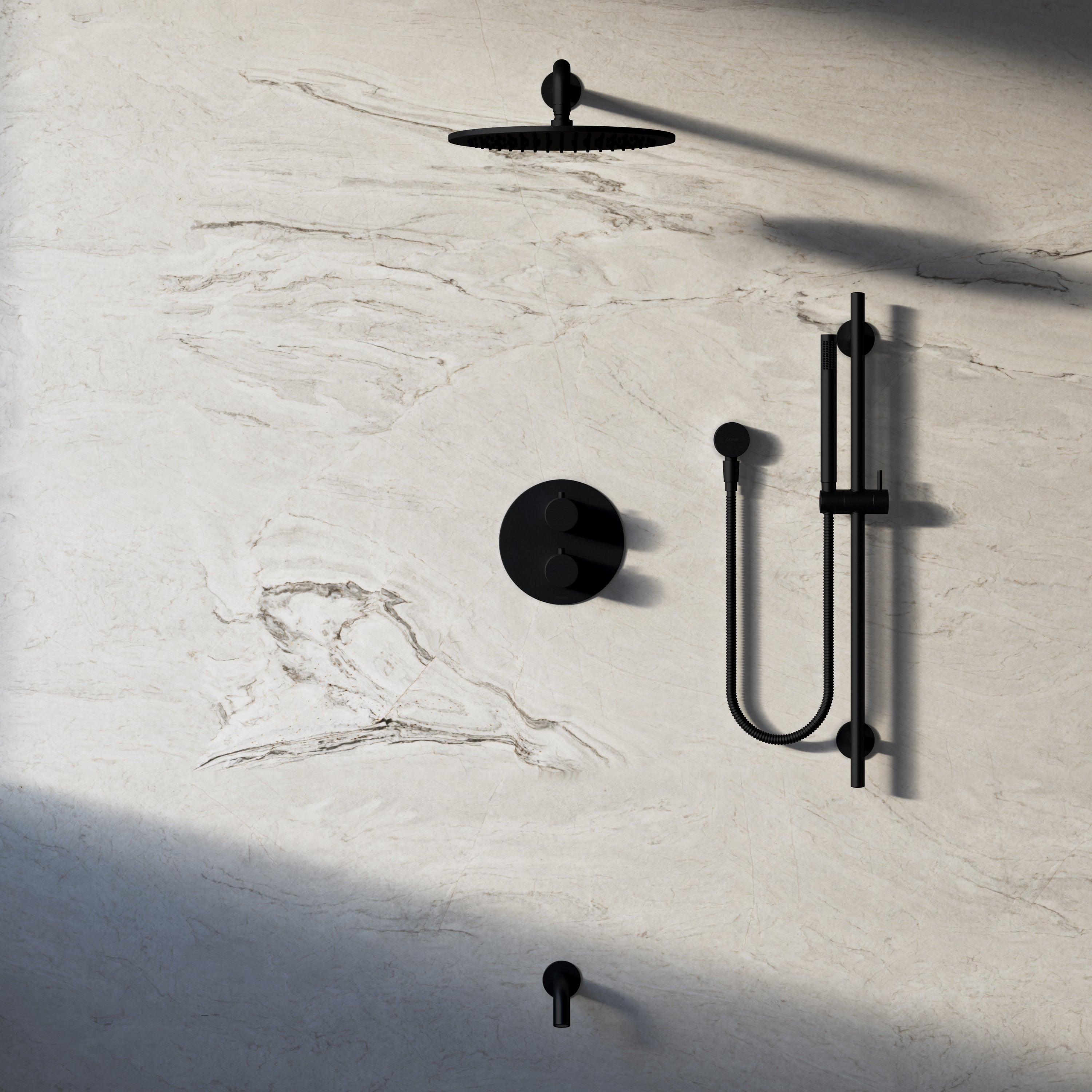 Image of Origin 3-Way Thermostatic Shower Set – Overhead, Slide Rail Hand Shower & Short Spout