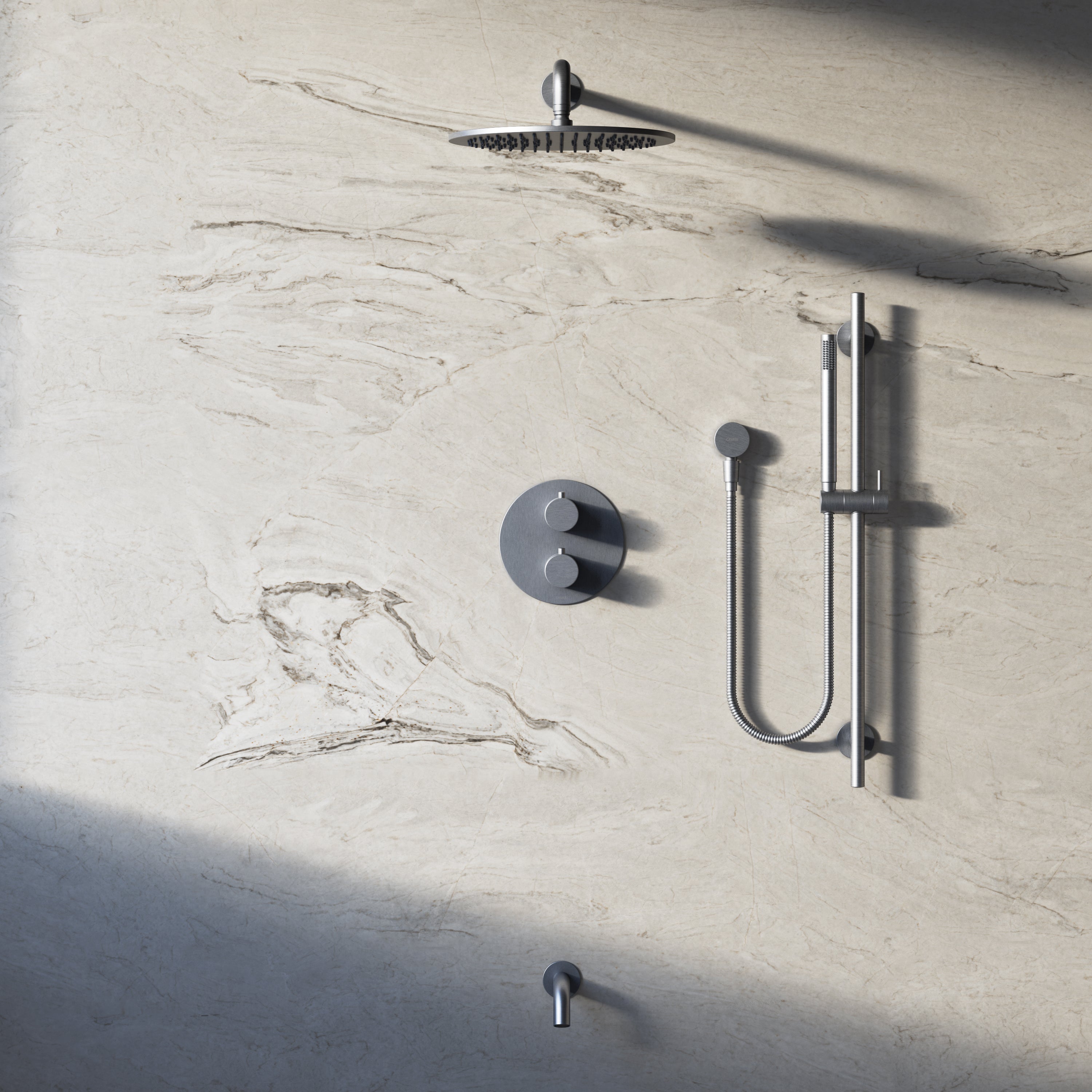 Image of Origin 3-Way Thermostatic Shower Set – Overhead, Slide Rail Hand Shower & Short Spout