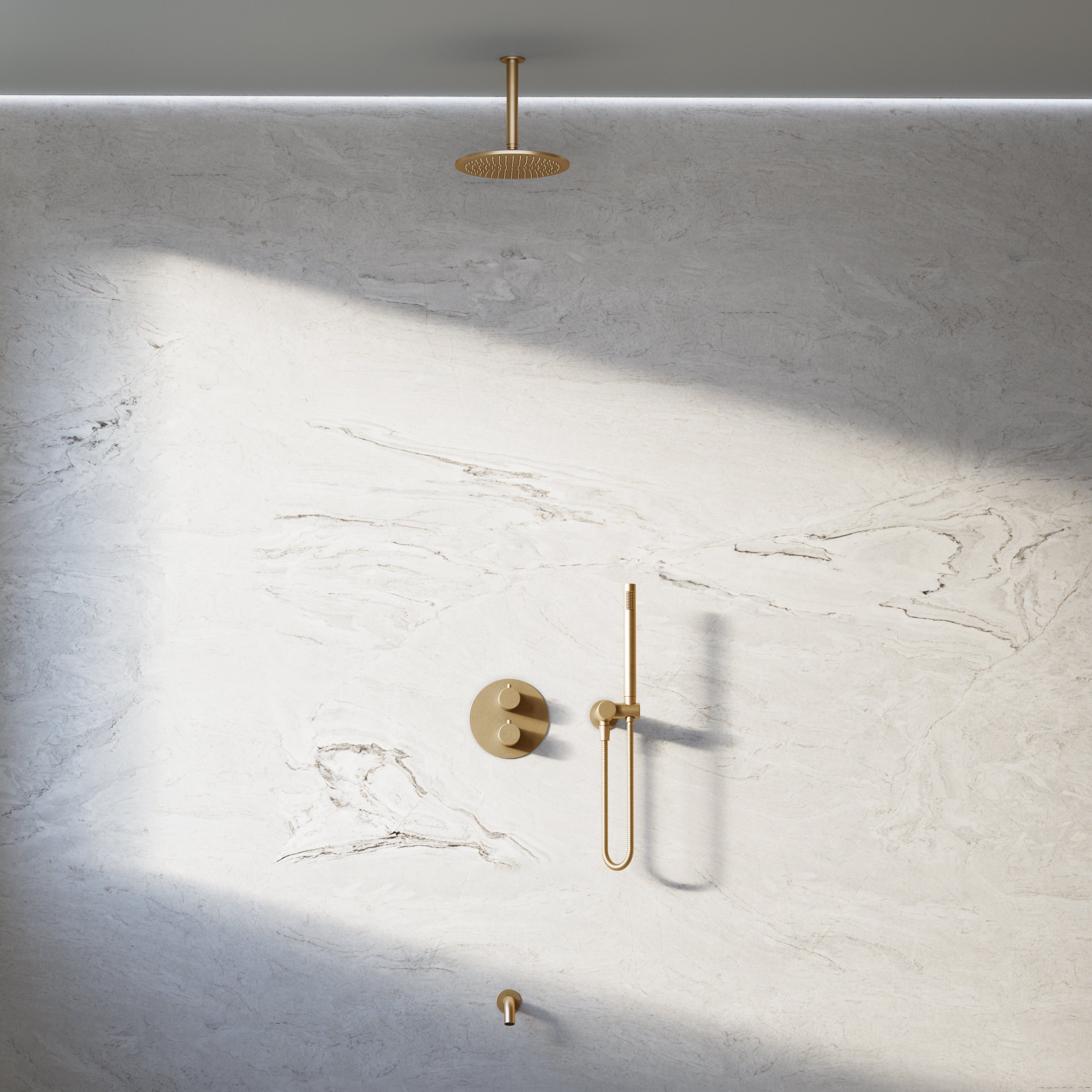 Image of Origin 3-Way Thermostatic Shower Set – Ceiling Mounted Overhead, Angled Hand Shower & Short Spout