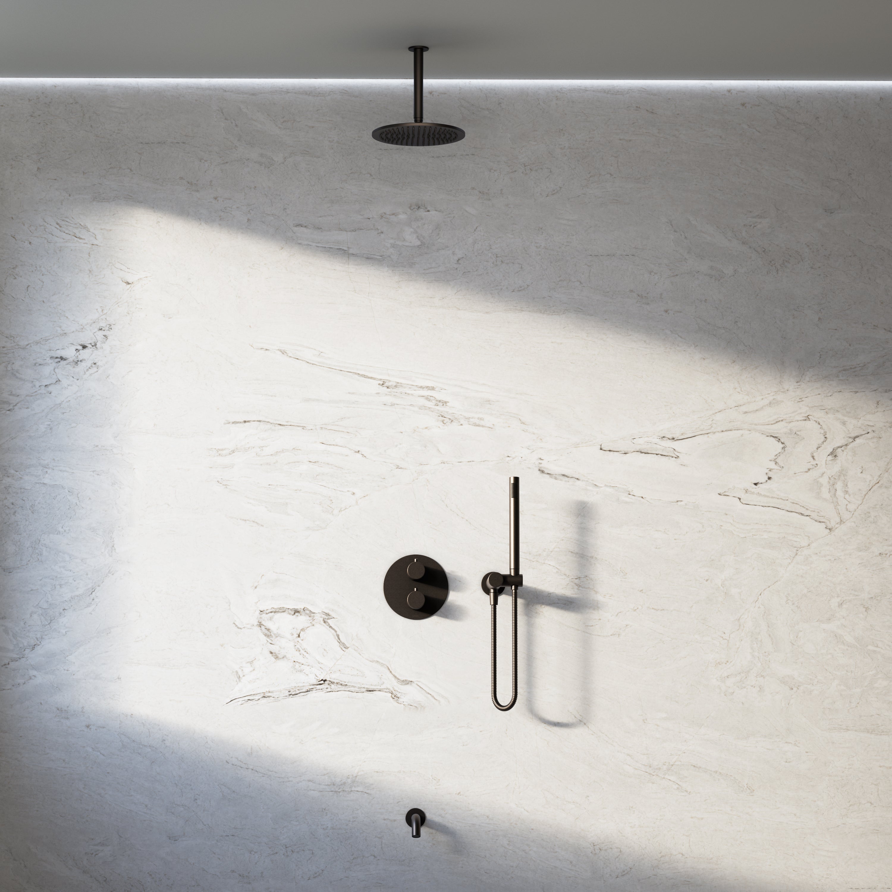 Image of Origin 3-Way Thermostatic Shower Set – Ceiling Mounted Overhead, Angled Hand Shower & Short Spout