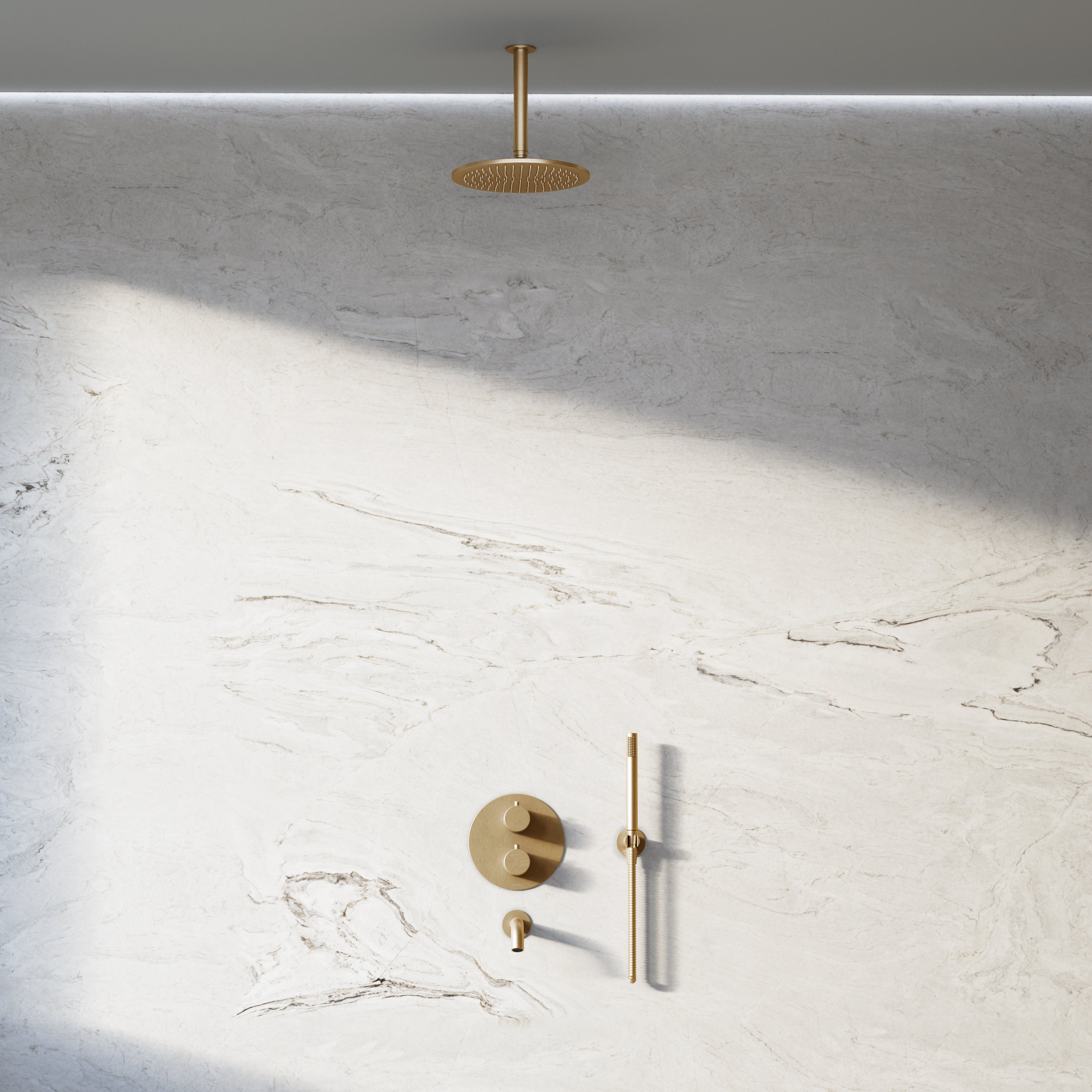 Image of Origin 3-Way Thermostatic Shower Set – Ceiling Mounted Overhead, Straight Hand Shower & Short Spout