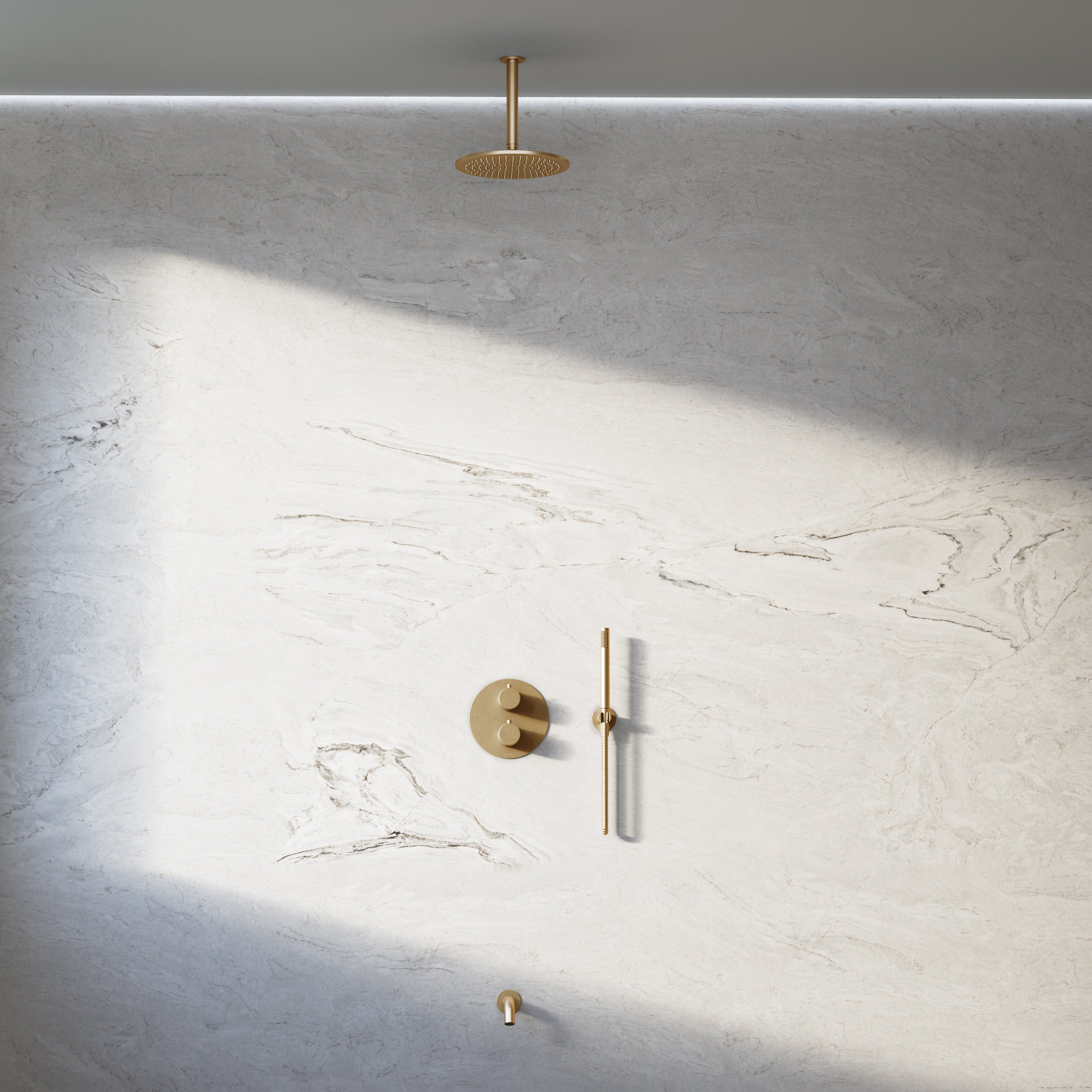 Image of Origin 3-Way Thermostatic Shower Set – Ceiling Mounted Overhead, Straight Hand Shower & Short Spout