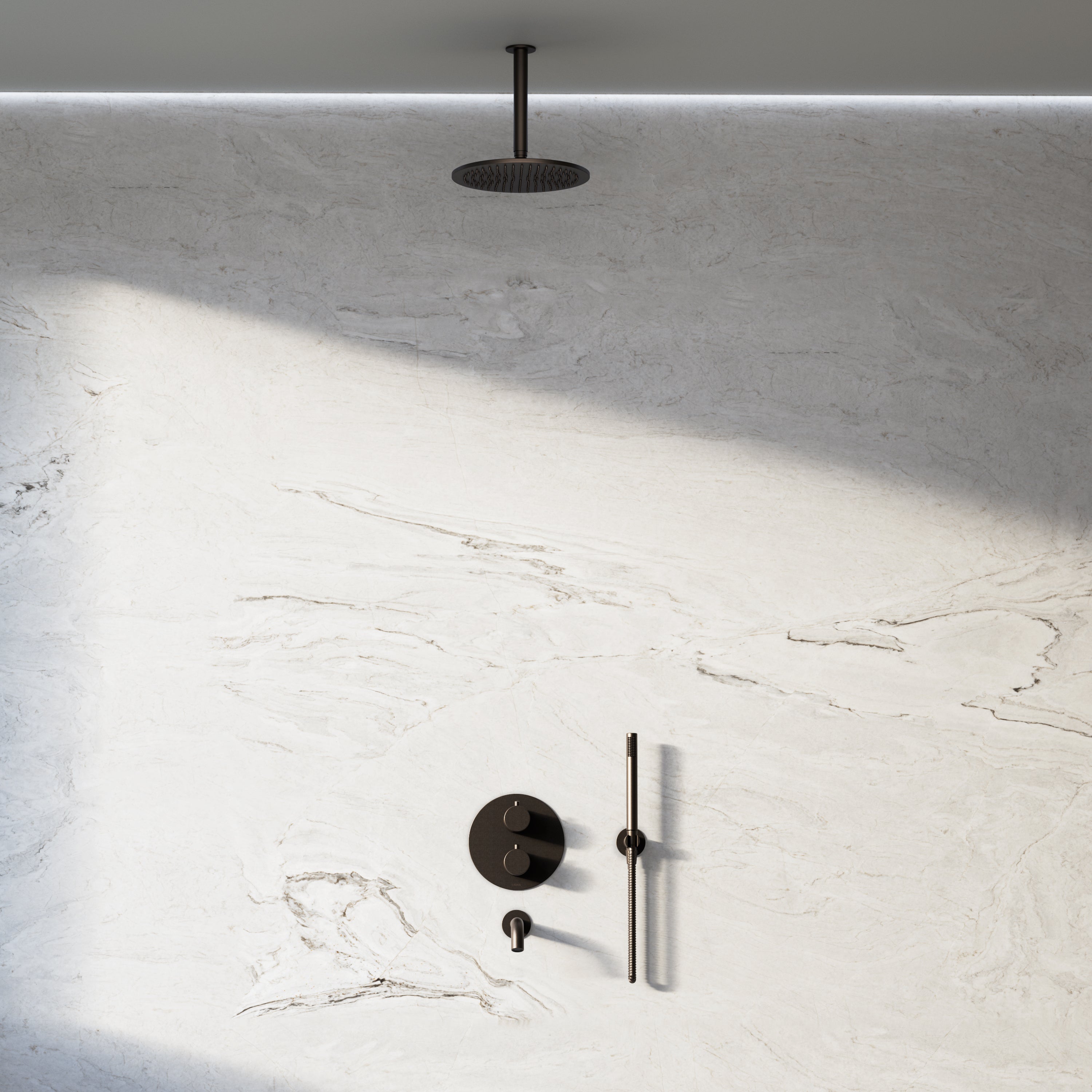 Image of Origin 3-Way Thermostatic Shower Set – Ceiling Mounted Overhead, Straight Hand Shower & Short Spout