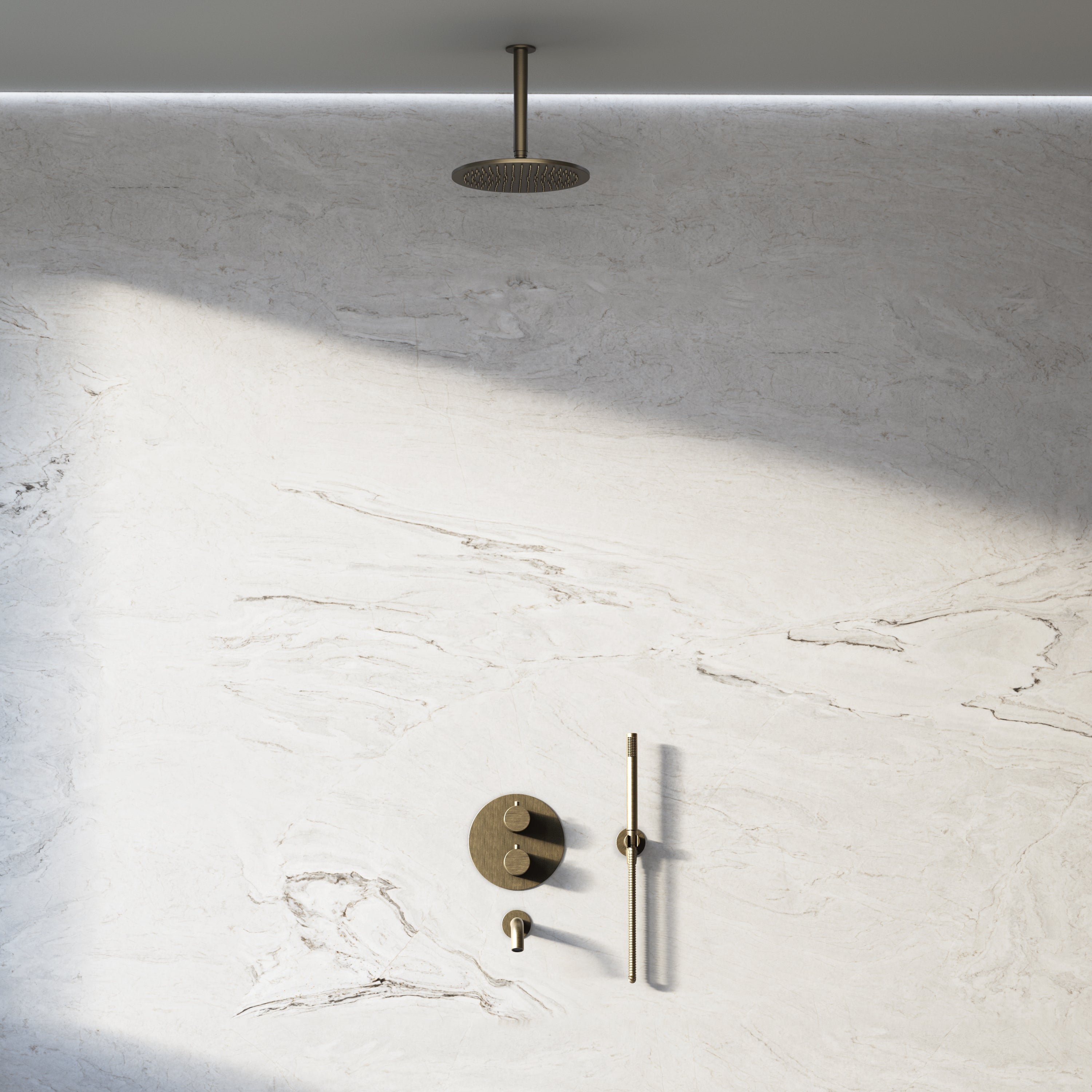 Image of Origin 3-Way Thermostatic Shower Set – Ceiling Mounted Overhead, Straight Hand Shower & Short Spout