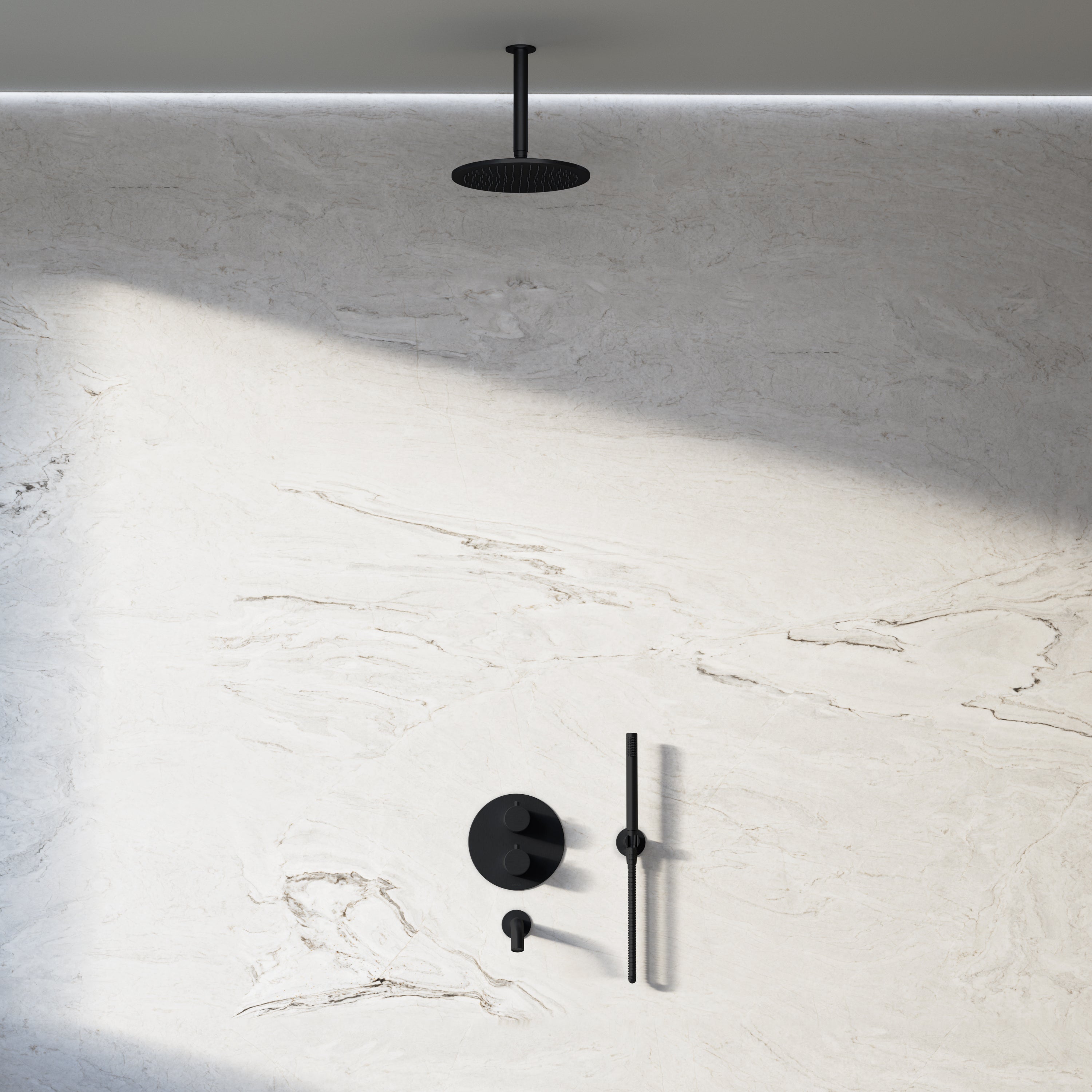 Image of Origin 3-Way Thermostatic Shower Set – Ceiling Mounted Overhead, Straight Hand Shower & Short Spout