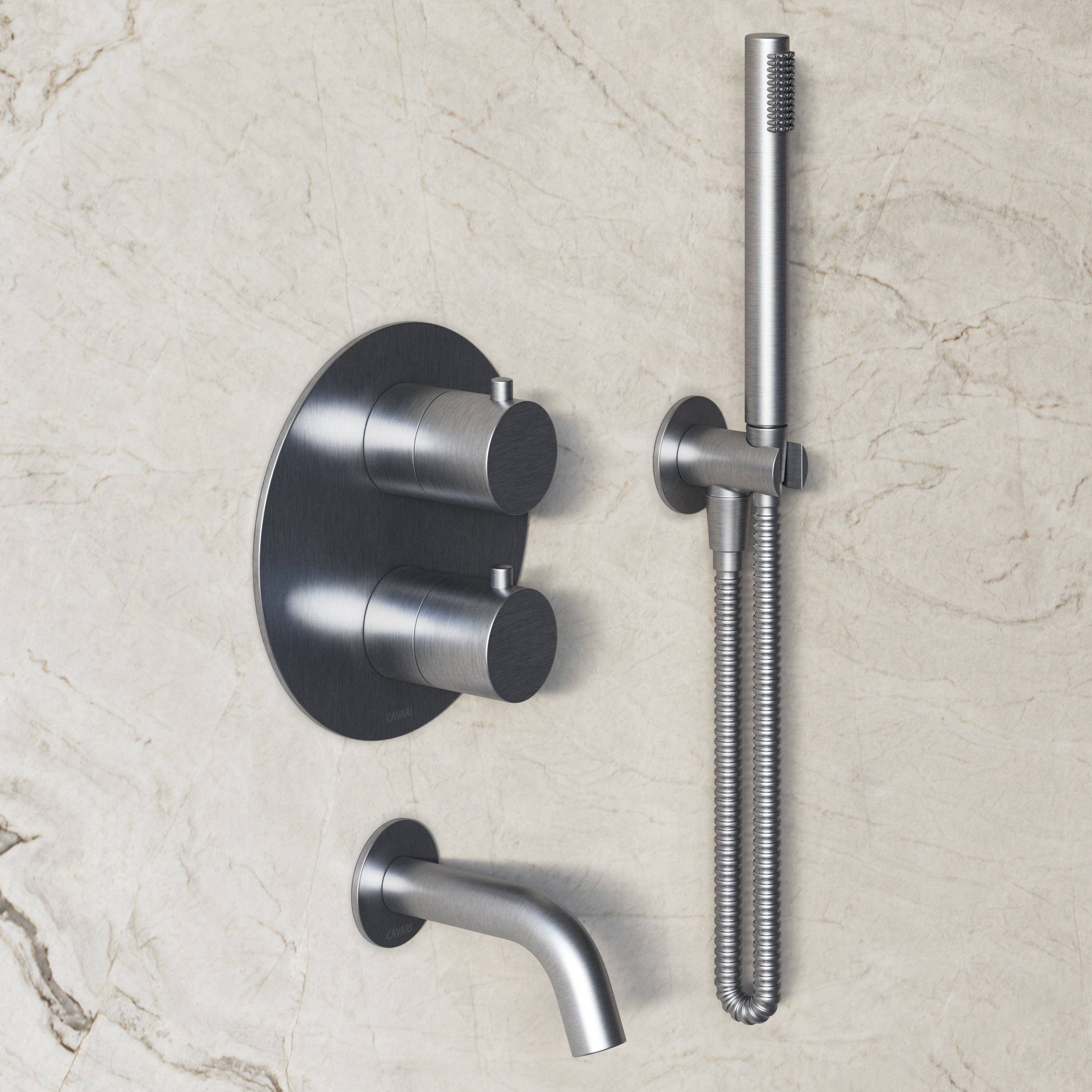 Image of Origin 3-Way Thermostatic Shower Set – Ceiling Mounted Overhead, Straight Hand Shower & Short Spout