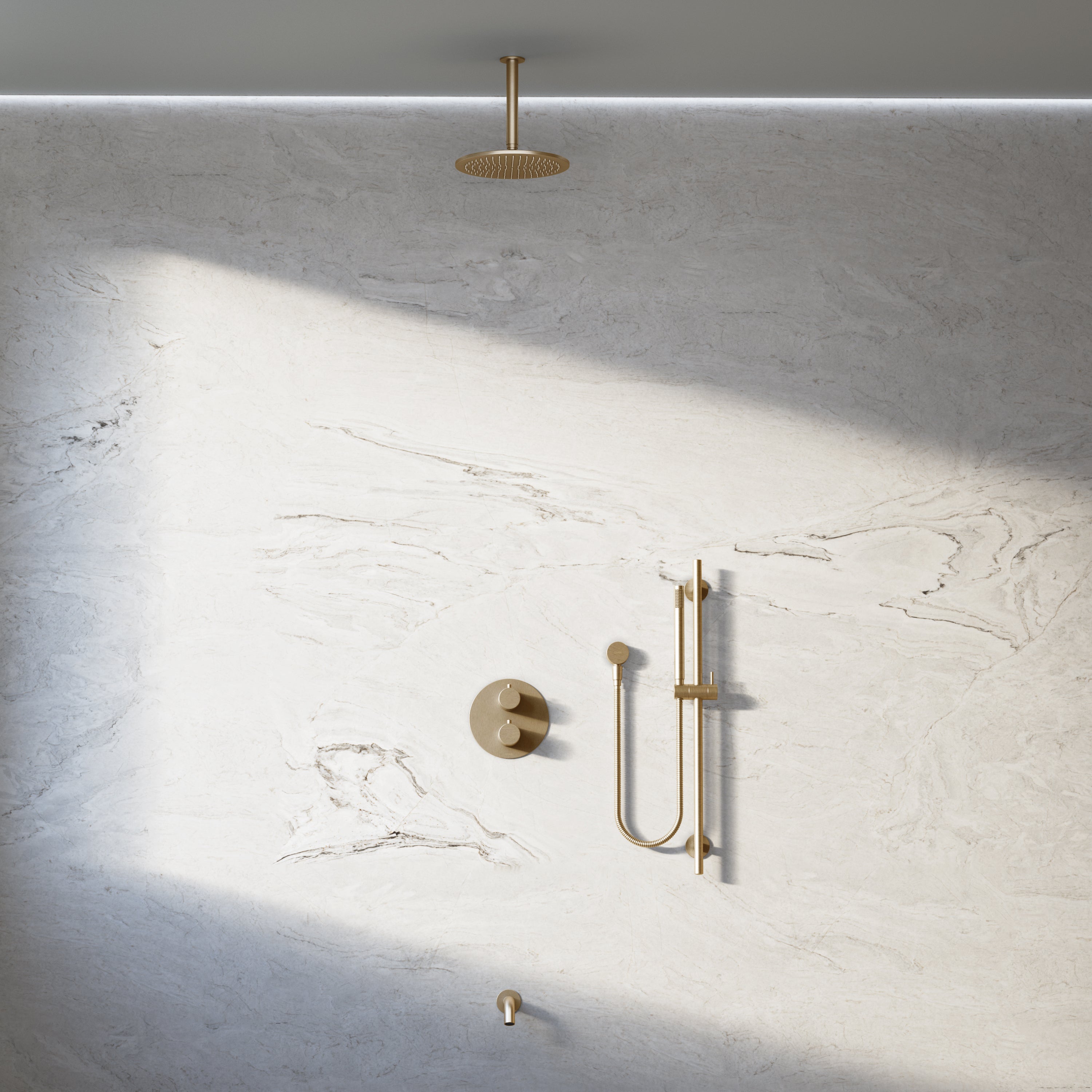 Image of Origin 3-Way Thermostatic Shower Set – Ceiling Mounted Overhead, Slide Rail Hand Shower & Short Spout