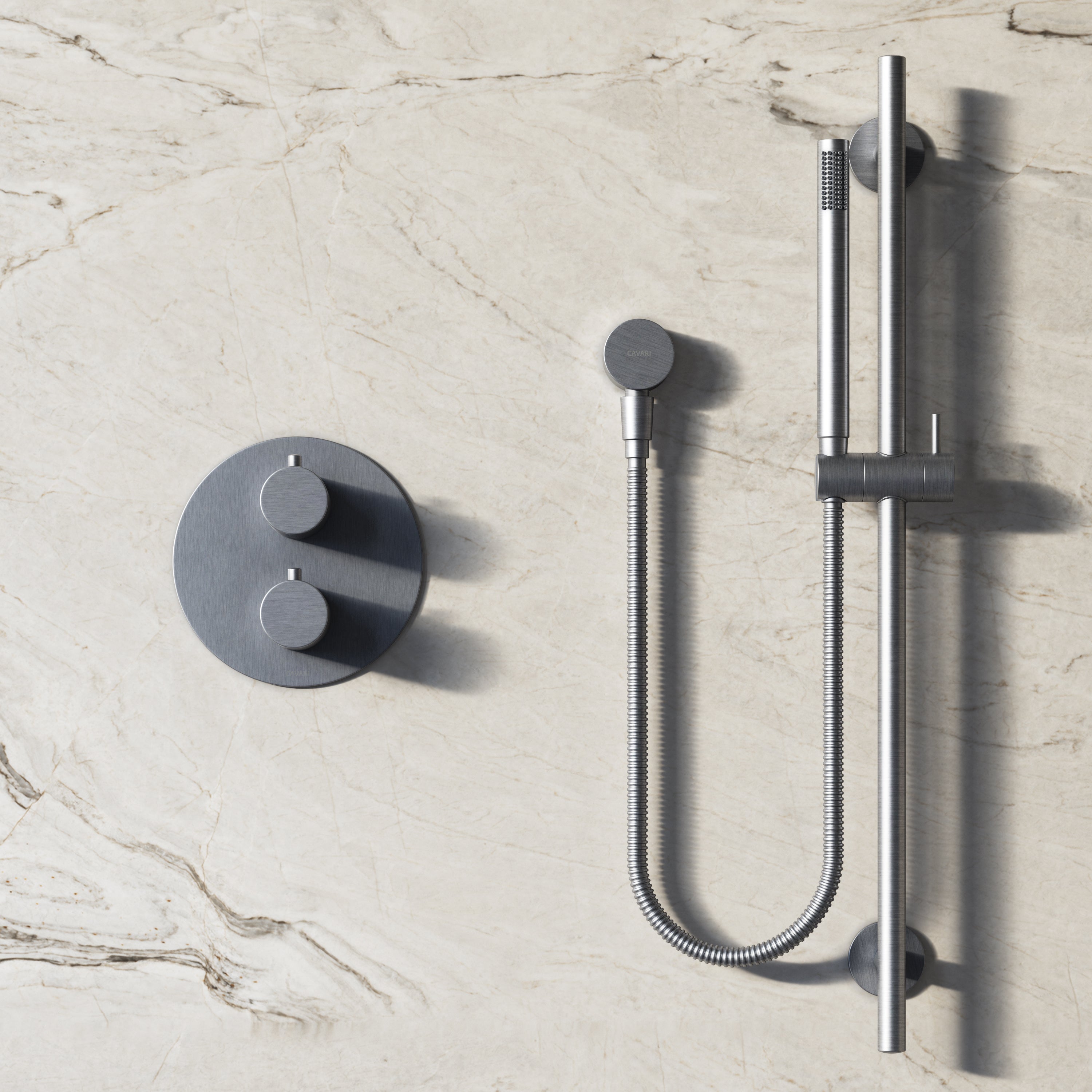 Image of Origin 3-Way Thermostatic Shower Set – Ceiling Mounted Overhead, Slide Rail Hand Shower & Short Spout