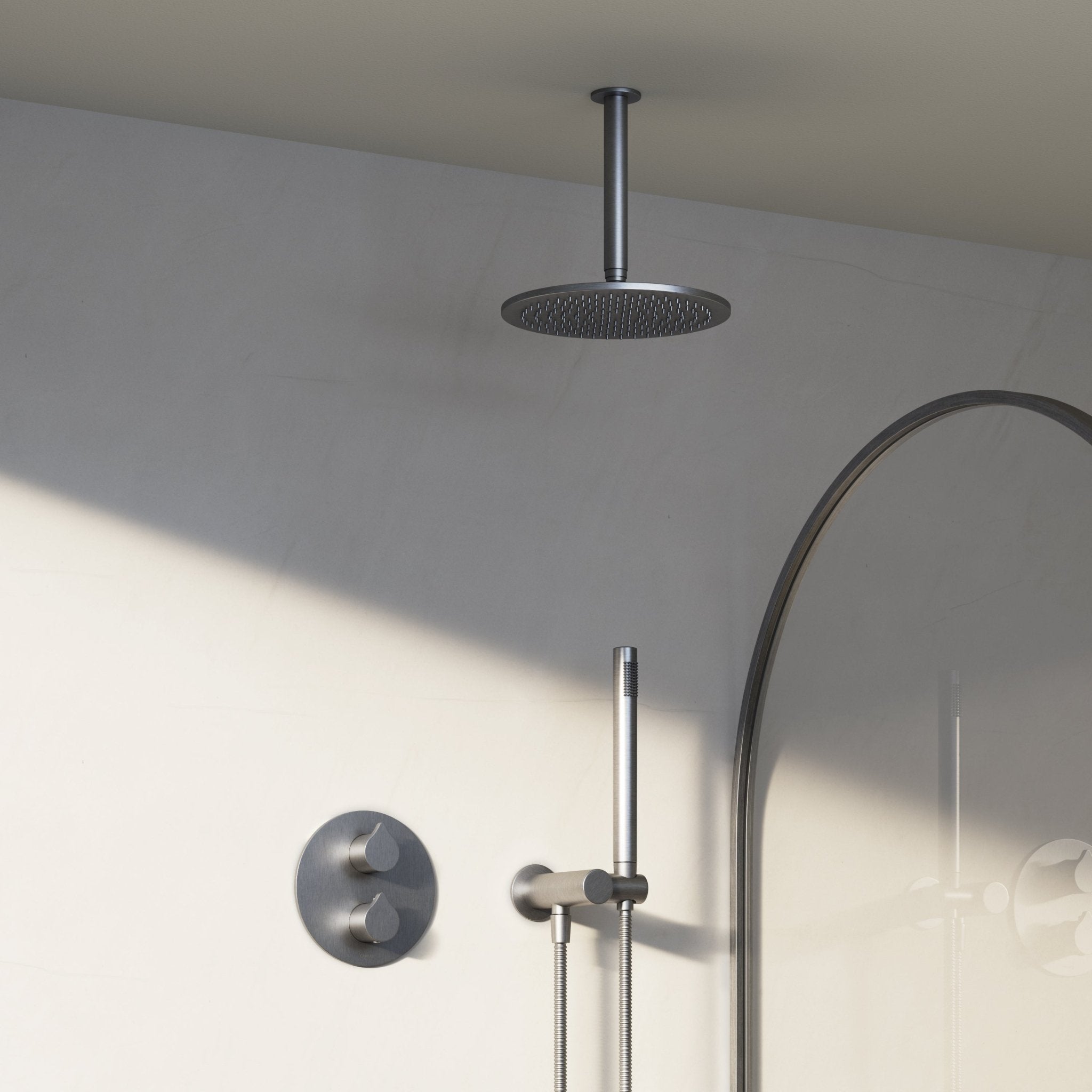 Image of Arc 2-Way Thermostatic Shower Set – Ceiling Mounted Overhead & Angled Hand Shower - Cavari