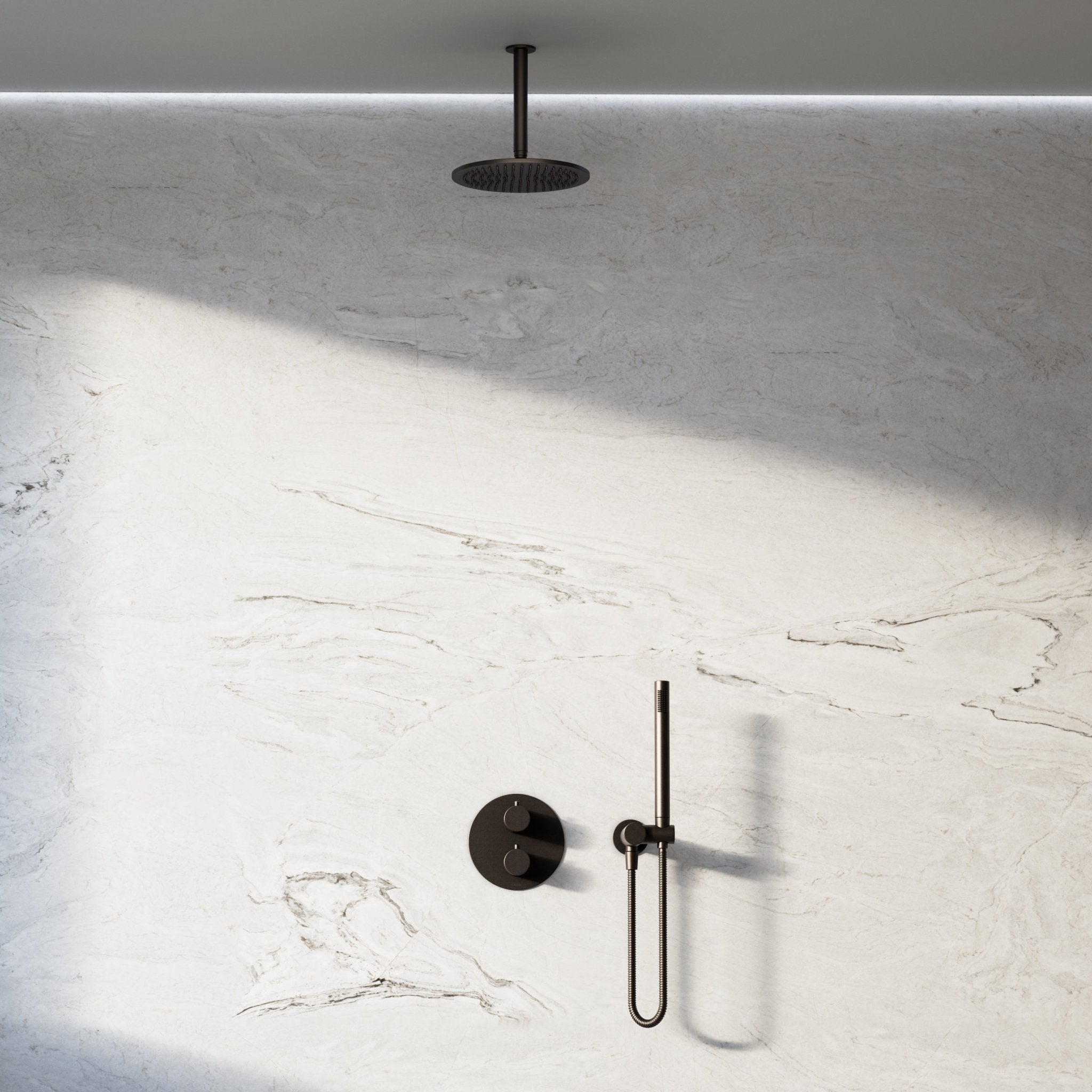 Image of Origin 2-Way Thermostatic Shower Set – Ceiling Mounted Overhead & Angled Hand Shower - Cavari