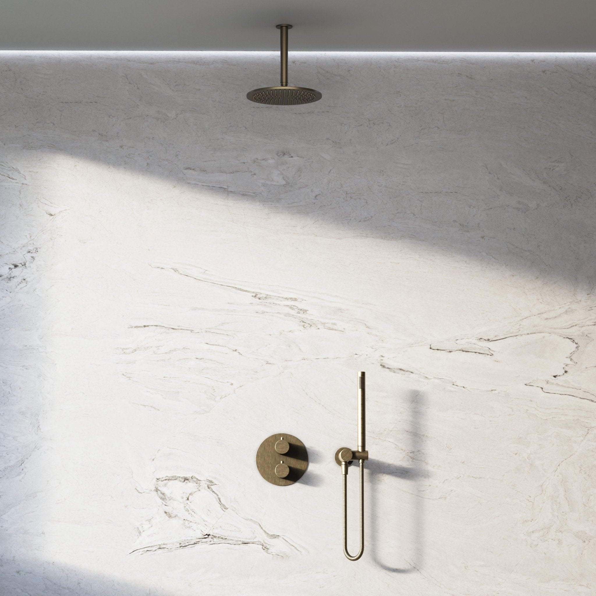 Image of Origin 2-Way Thermostatic Shower Set – Ceiling Mounted Overhead & Angled Hand Shower - Cavari