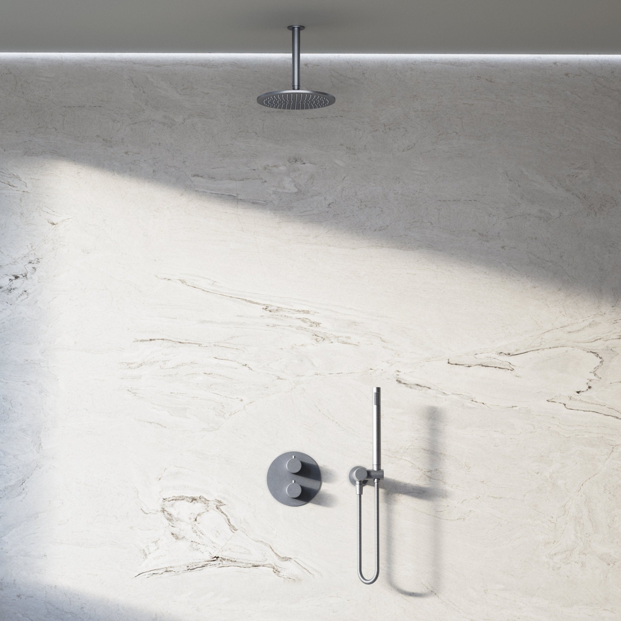 Image of Origin 2-Way Thermostatic Shower Set – Ceiling Mounted Overhead & Angled Hand Shower - Cavari