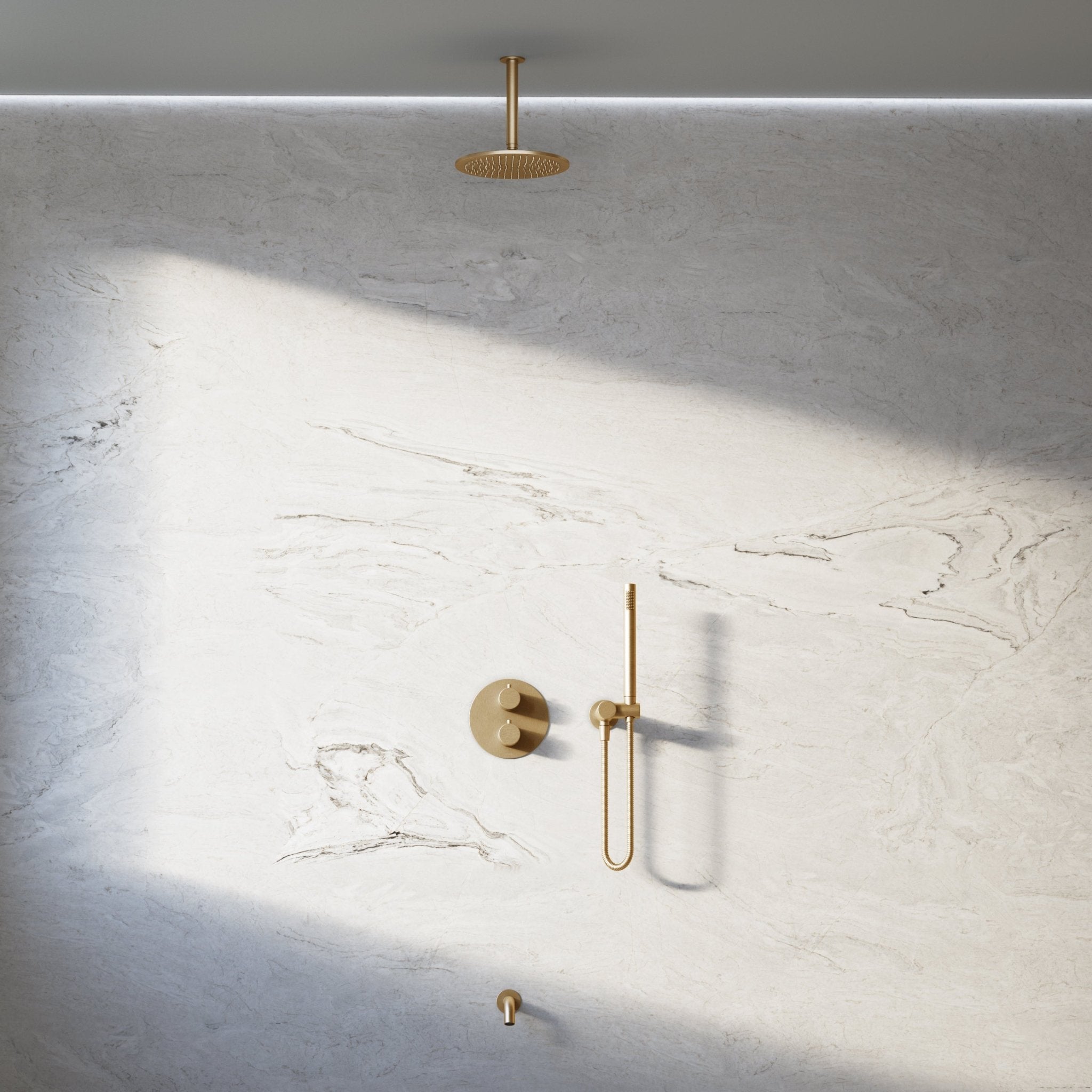 Image of Origin 3-Way Thermostatic Shower Set – Ceiling Mounted Overhead, Angled Hand Shower & Short Spout - Cavari