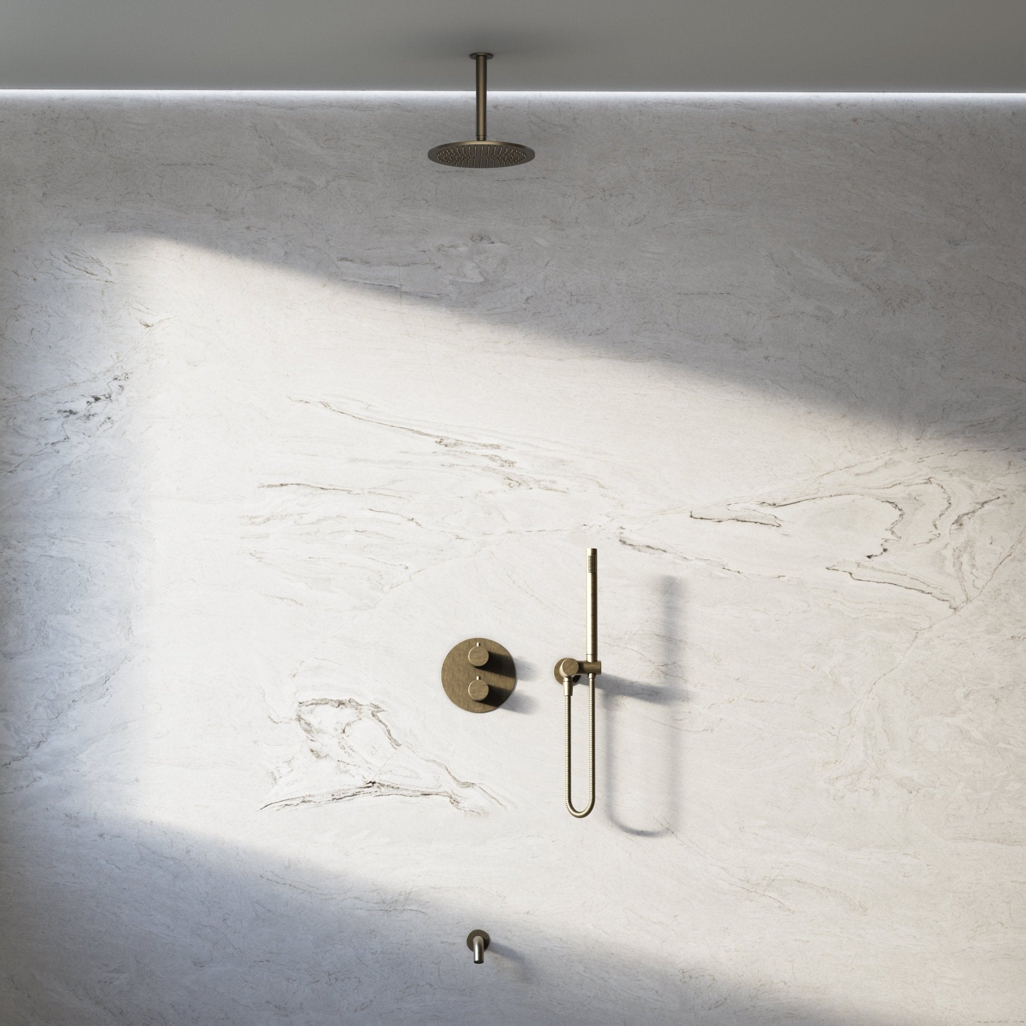 Image of Origin 3-Way Thermostatic Shower Set – Ceiling Mounted Overhead, Angled Hand Shower & Short Spout - Cavari