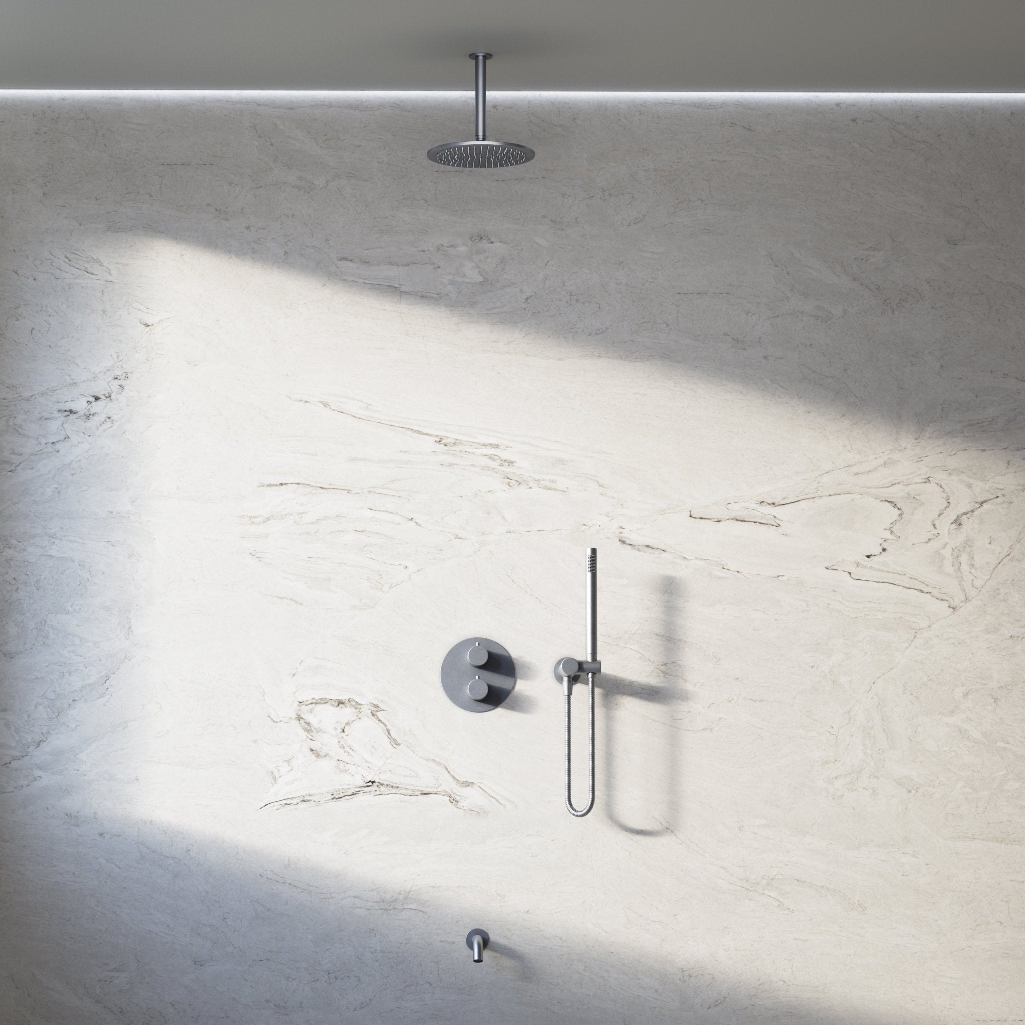 Image of Origin 3-Way Thermostatic Shower Set – Ceiling Mounted Overhead, Angled Hand Shower & Short Spout - Cavari