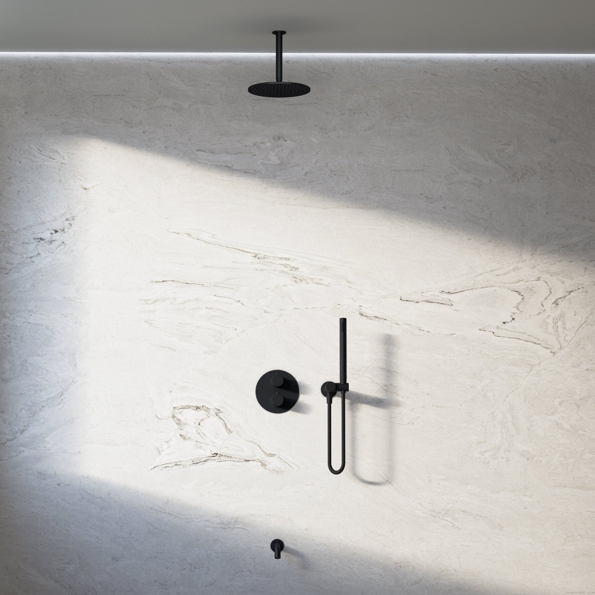 Image of Origin 3-Way Thermostatic Shower Set – Ceiling Mounted Overhead, Angled Hand Shower & Short Spout - Cavari