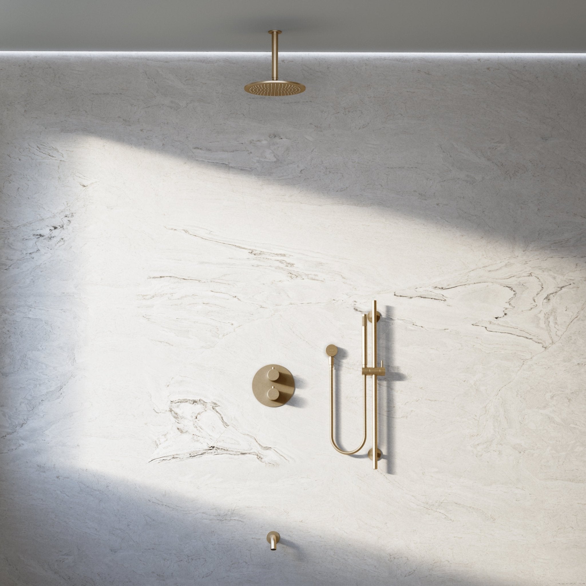 Image of Origin 3-Way Thermostatic Shower Set – Ceiling Mounted Overhead, Slide Rail Hand Shower & Short Spout - Cavari
