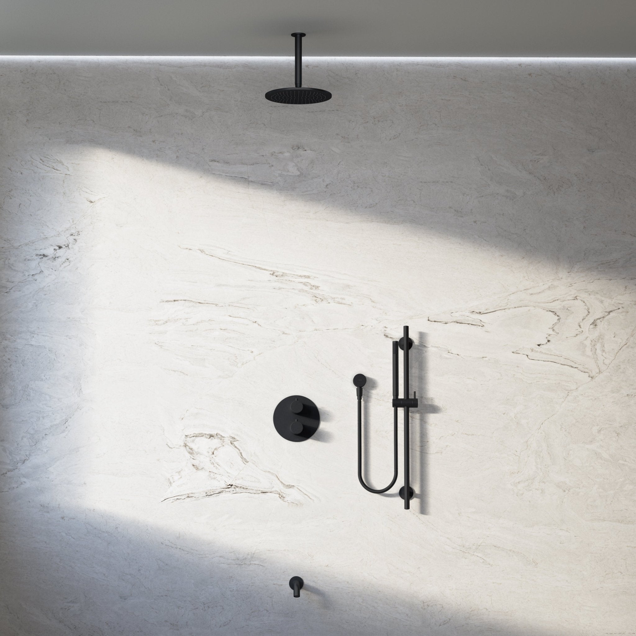 Image of Origin 3-Way Thermostatic Shower Set – Ceiling Mounted Overhead, Slide Rail Hand Shower & Short Spout - Cavari