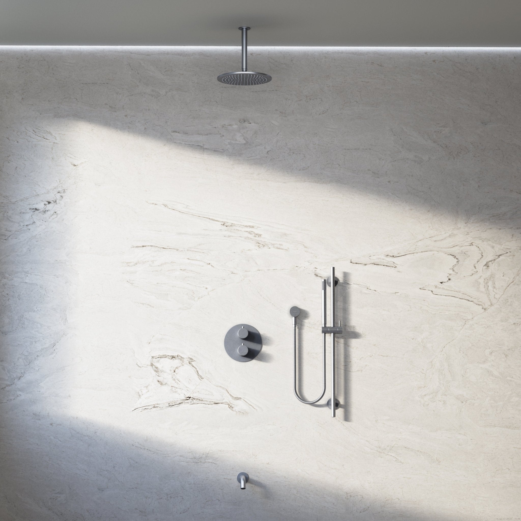 Image of Origin 3-Way Thermostatic Shower Set – Ceiling Mounted Overhead, Slide Rail Hand Shower & Short Spout - Cavari