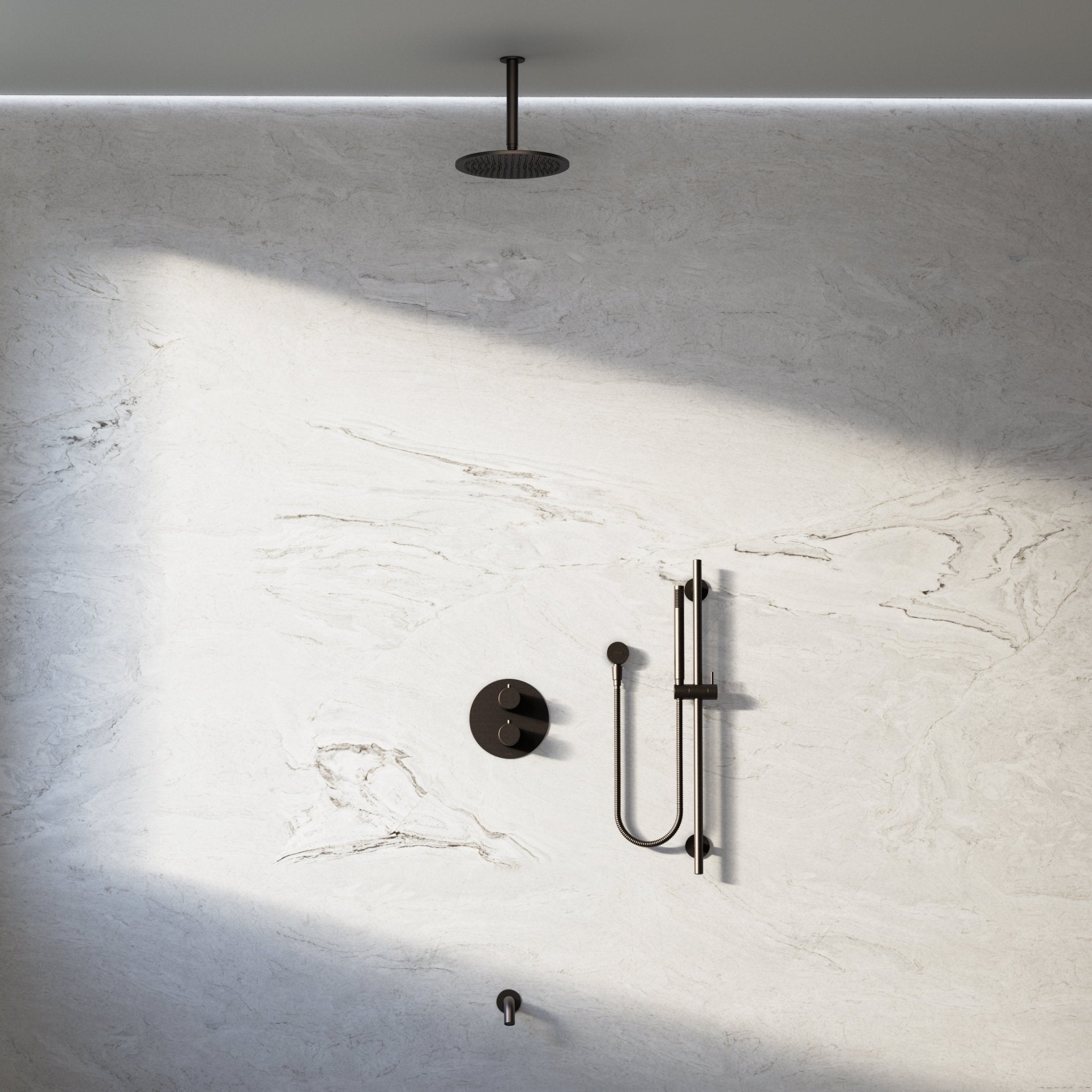 Image of Origin 3-Way Thermostatic Shower Set – Ceiling Mounted Overhead, Slide Rail Hand Shower & Short Spout - Cavari