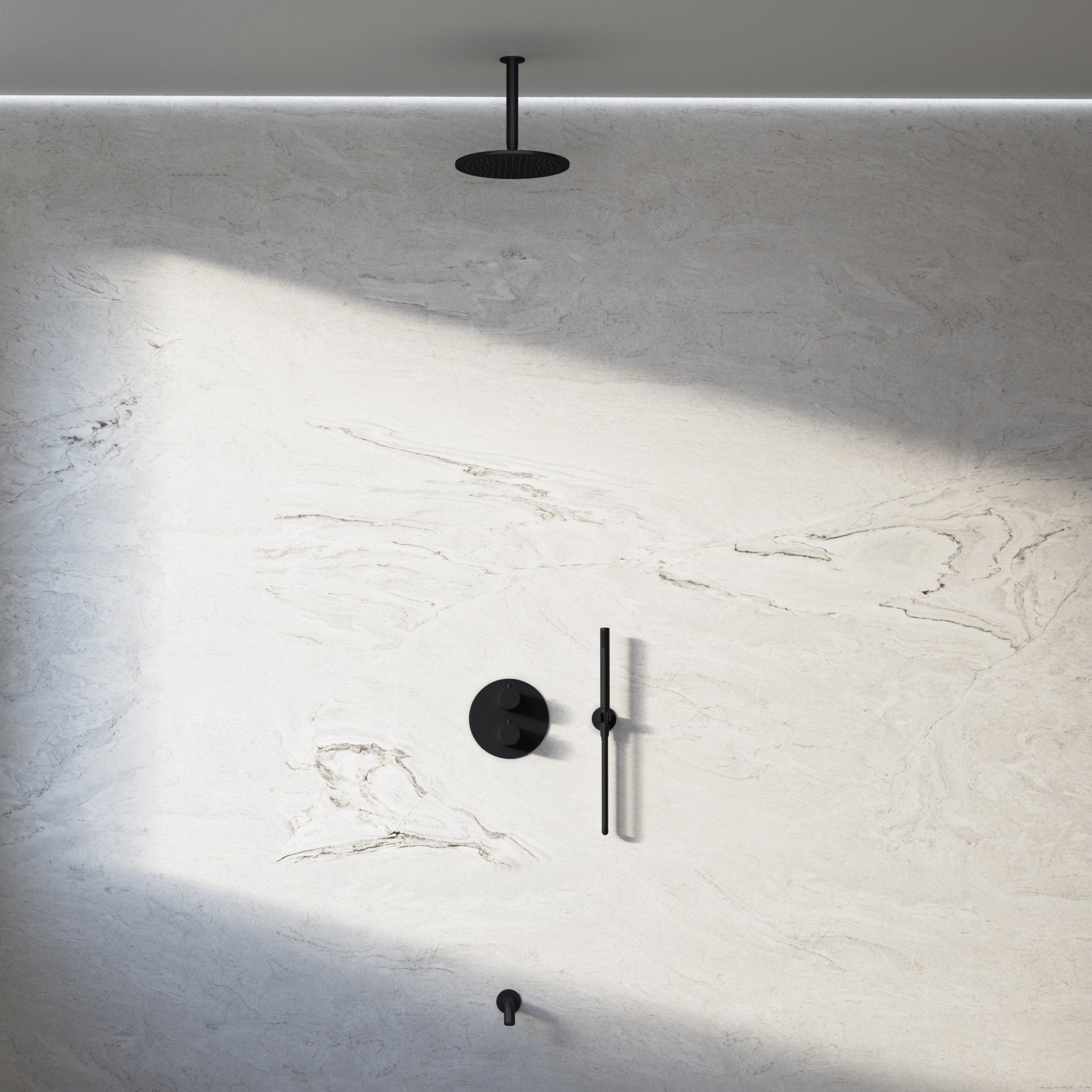 Image of Origin 3-Way Thermostatic Shower Set – Ceiling Mounted Overhead, Straight Hand Shower & Short Spout - Cavari