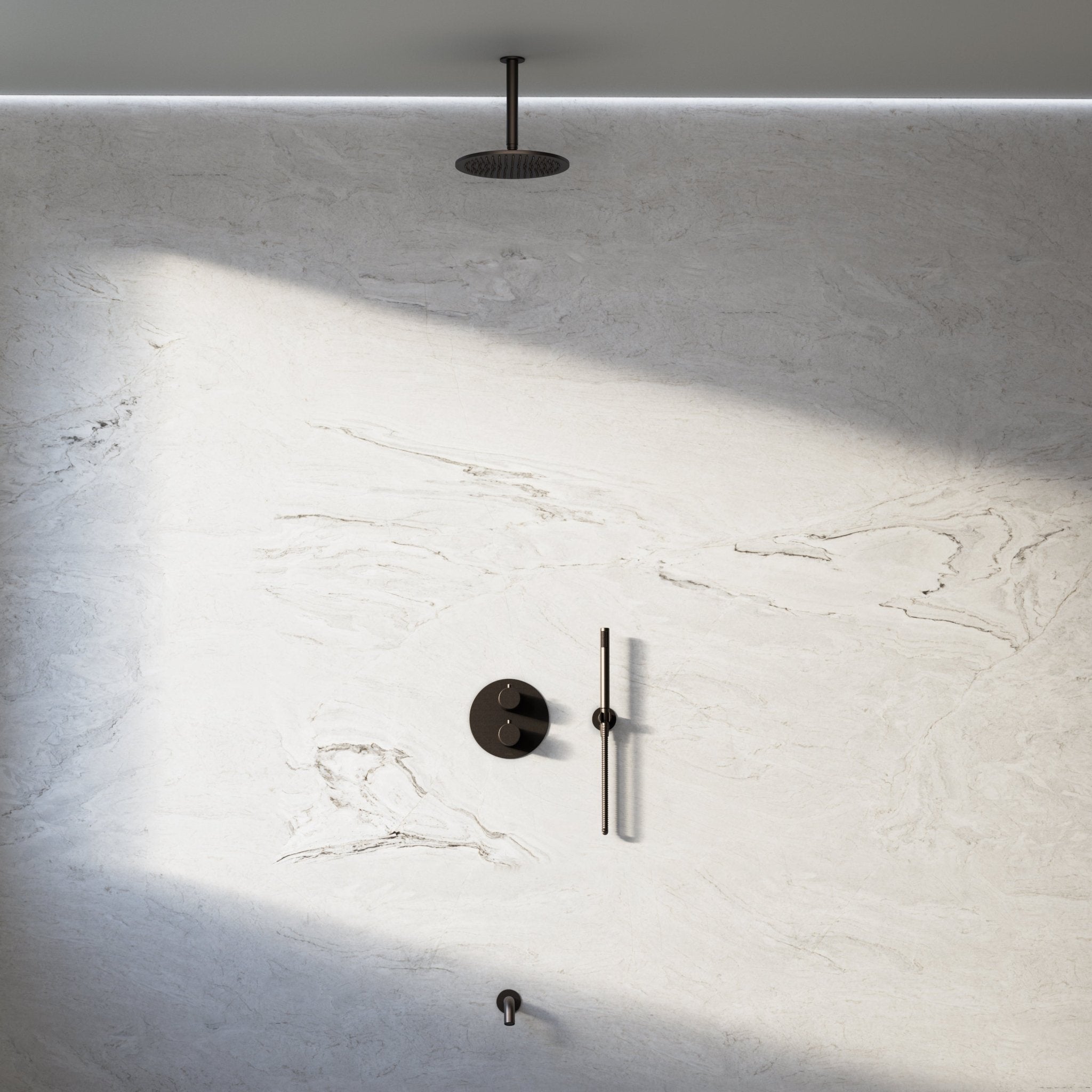 Image of Origin 3-Way Thermostatic Shower Set – Ceiling Mounted Overhead, Straight Hand Shower & Short Spout - Cavari