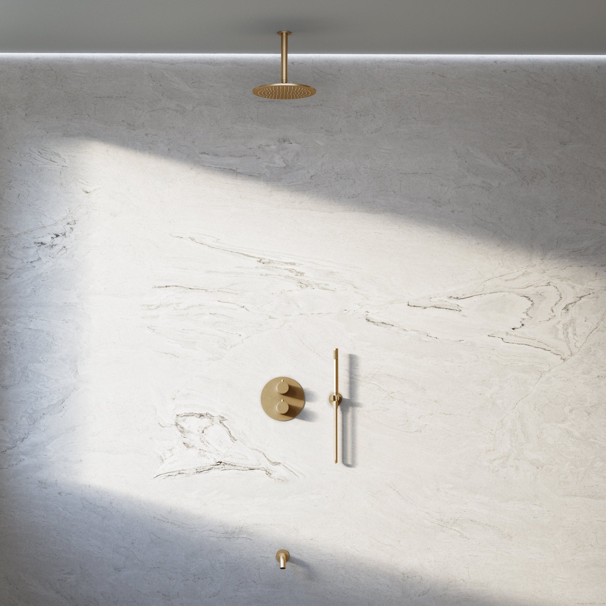 Image of Origin 3-Way Thermostatic Shower Set – Ceiling Mounted Overhead, Straight Hand Shower & Short Spout - Cavari