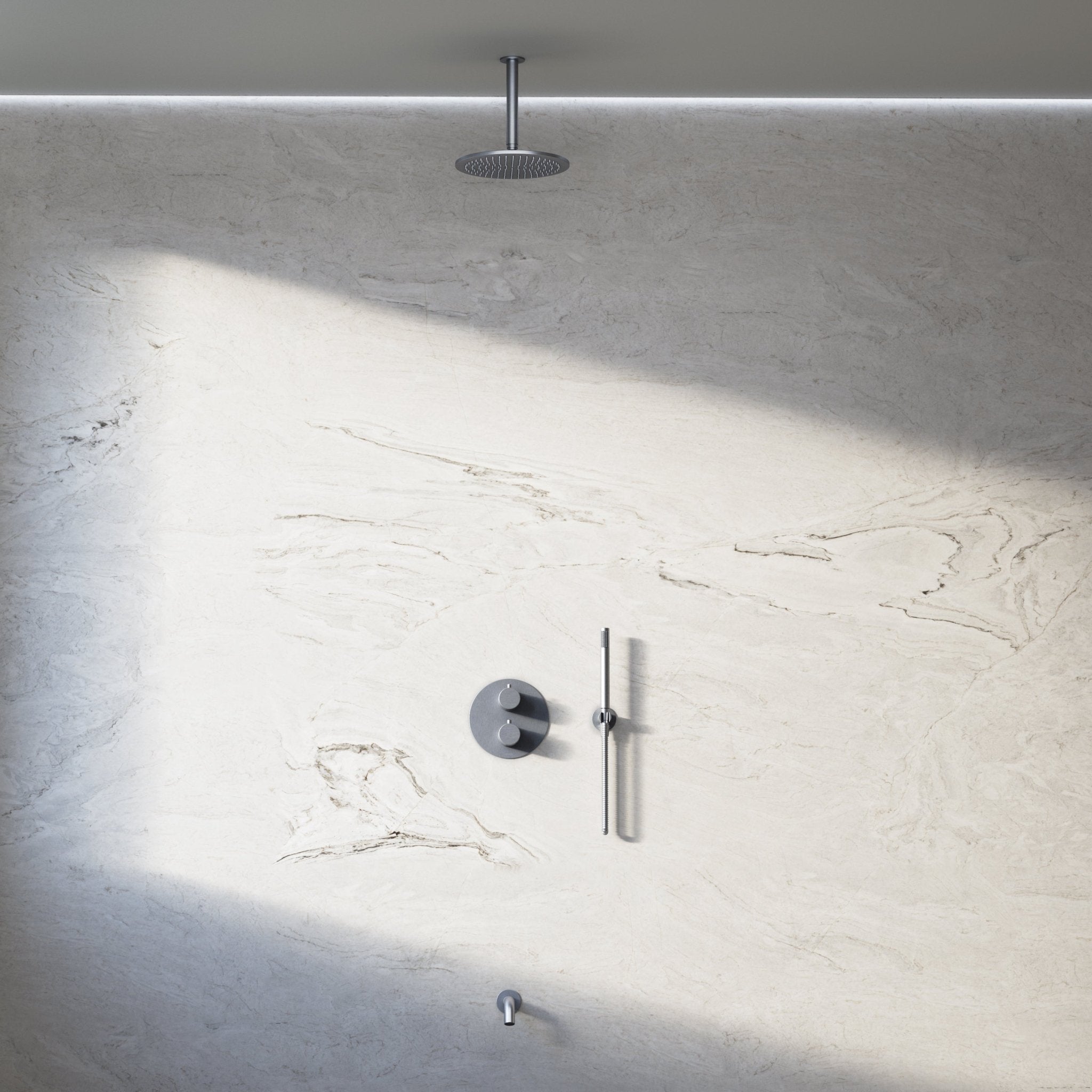 Image of Origin 3-Way Thermostatic Shower Set – Ceiling Mounted Overhead, Straight Hand Shower & Short Spout - Cavari